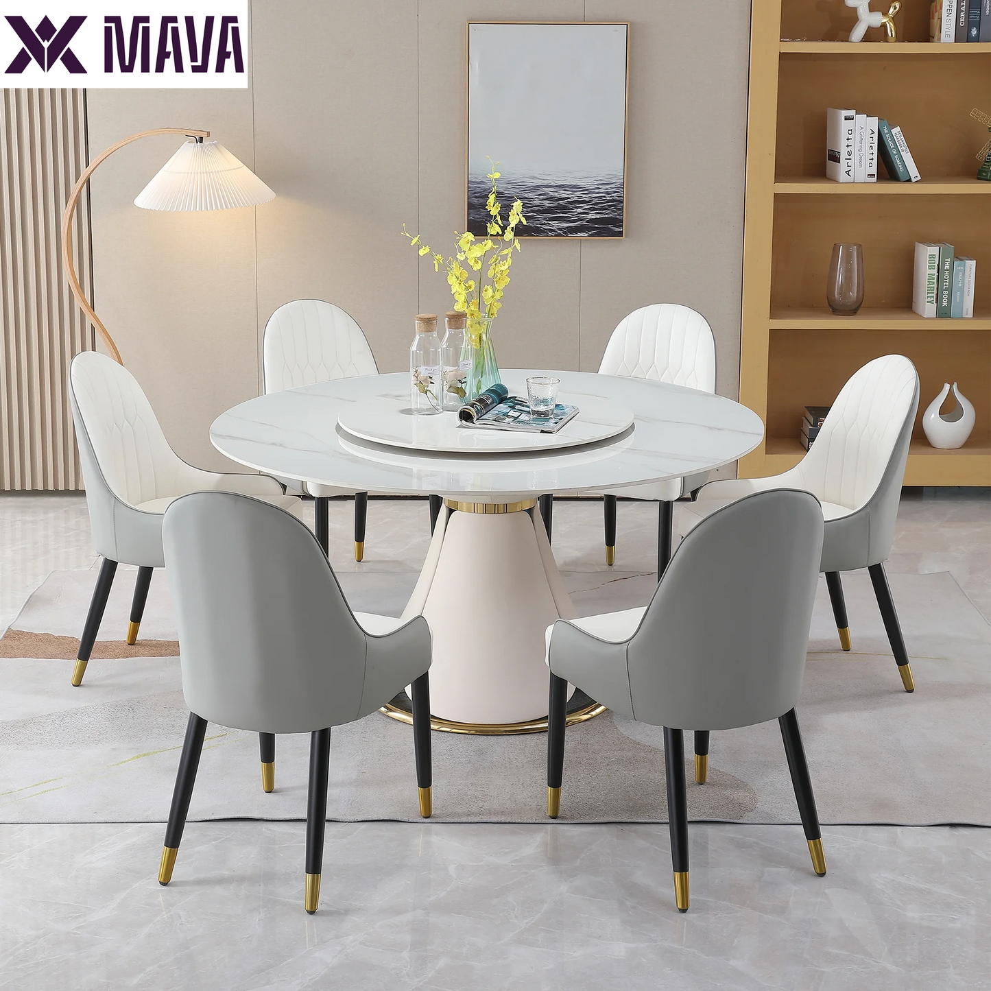 MAVA 59”  Sintered Stone round Kitchen Dining Table Set with 31.5” round Turntable for 6 People with Stainless Steel Base with 6 Chairs