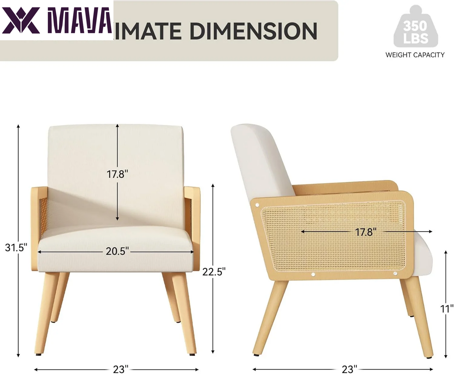 MAVA Rattan Accent Chair, Linen Fabric Upholstered Armchair with Wood Legs, Mid Century Modern Reading Comfy Lounge Chair with Spring Support, for Living Room Bedroom,Beige