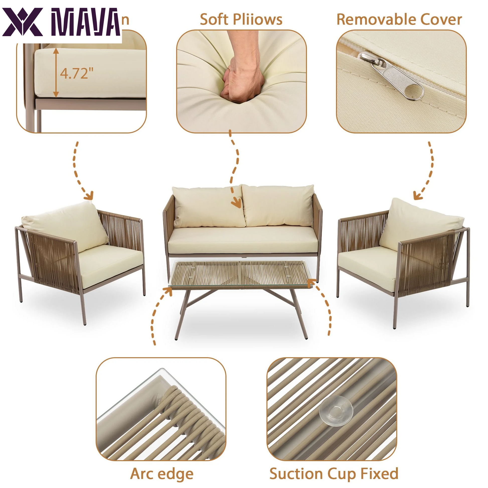 MAVA 4 Person Rope Outdoor Furniture Set 4 Pieces Patio Metal Conversation Sets Patio Sectional Sofa Set with Thick Cushions, Loveseat and Glass Table(Beige)