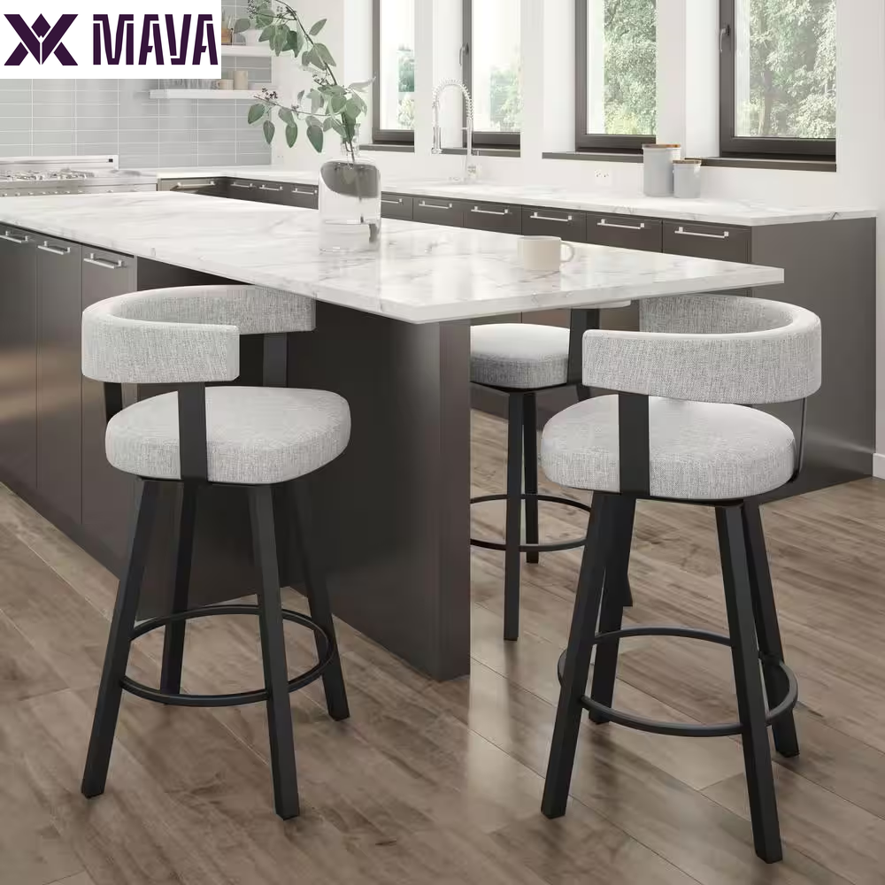 Mava 26 In. Grey White Polyester / Black Metal Swivel Counter Stool