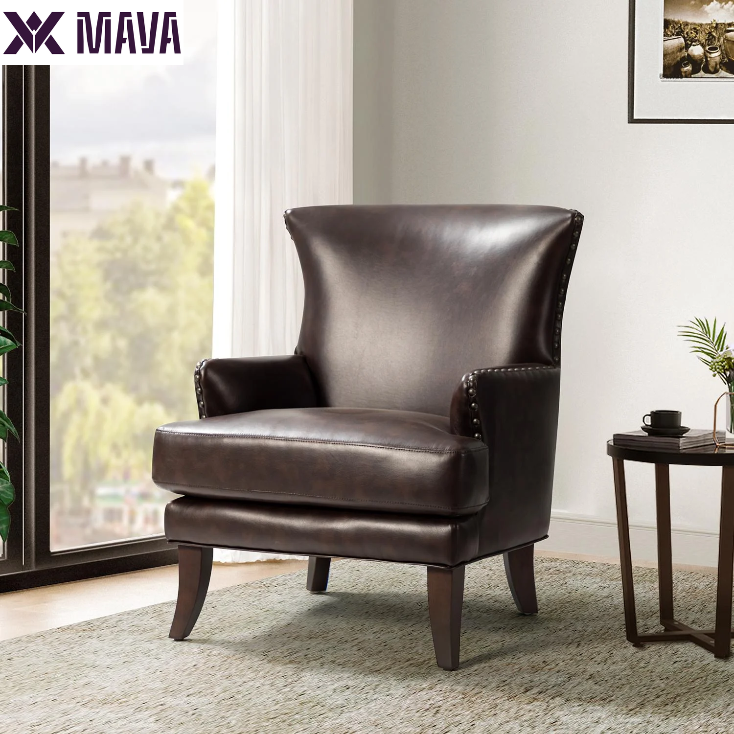 MAVA Vegan Leather Accent Chair Wingback Tight Back Nailhead Trim Wood Legs Lounge Armchair Sofa Home Living Room Adult Brown