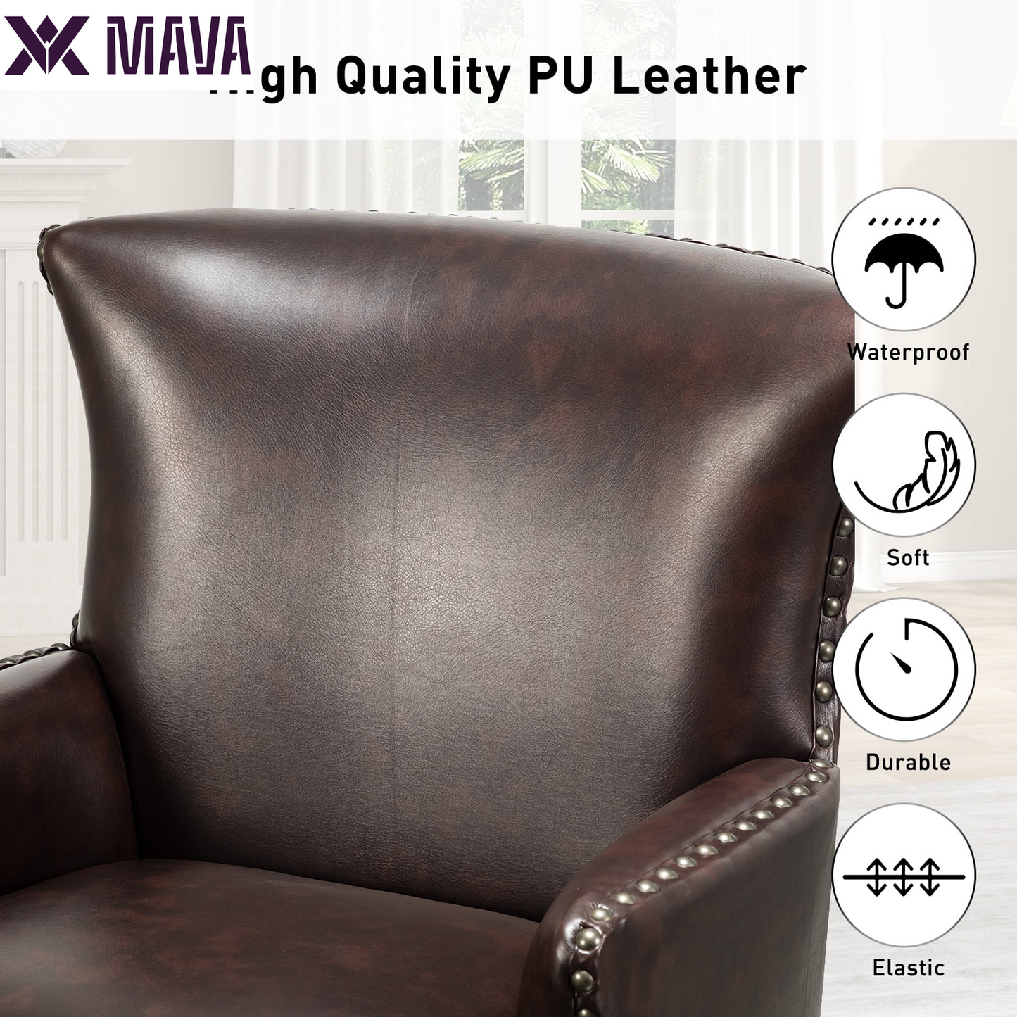 MAVA Vegan Leather Accent Chair Wingback Tight Back Nailhead Trim Wood Legs Lounge Armchair Sofa Home Living Room Adult Brown