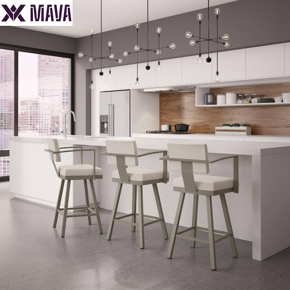 MAVA 26 In. Matt Light Grey Metal Beige Polyurethane Counter Stool