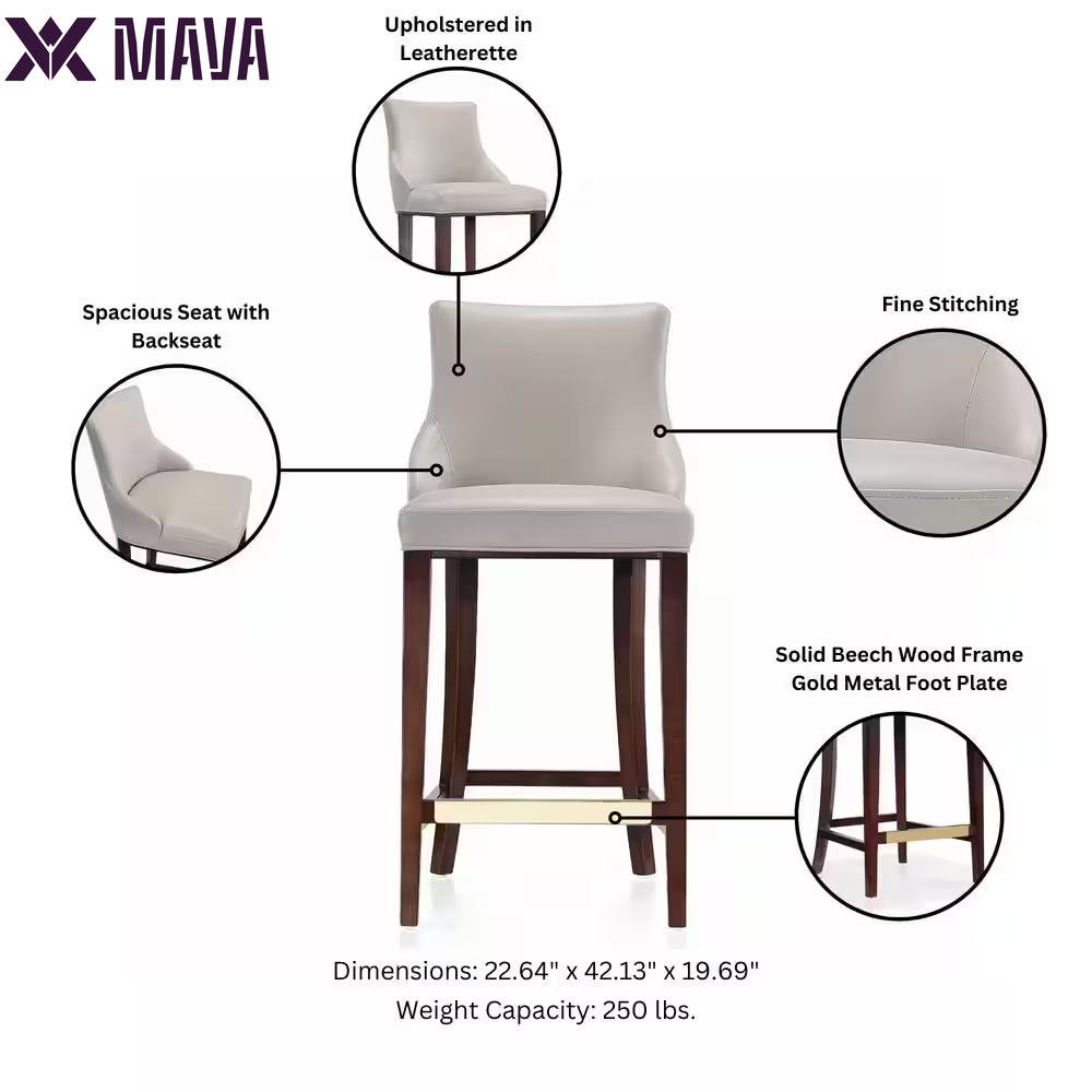 MAVA 29.13 In. Light Grey Beech Wood Bar Stool with Leatherette Upholstered Seat (Set of 3)