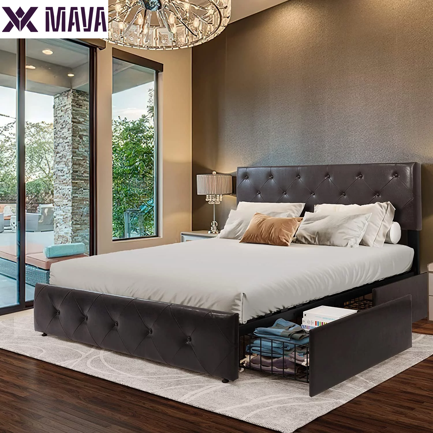 MAVA Upholstered Platform Bed Frame with 4 Storage Drawers and Adjustable Headboard, Mattress Foundation with Sturdy Wood Slat Support, No Box Spring Needed, Grey(Queen)