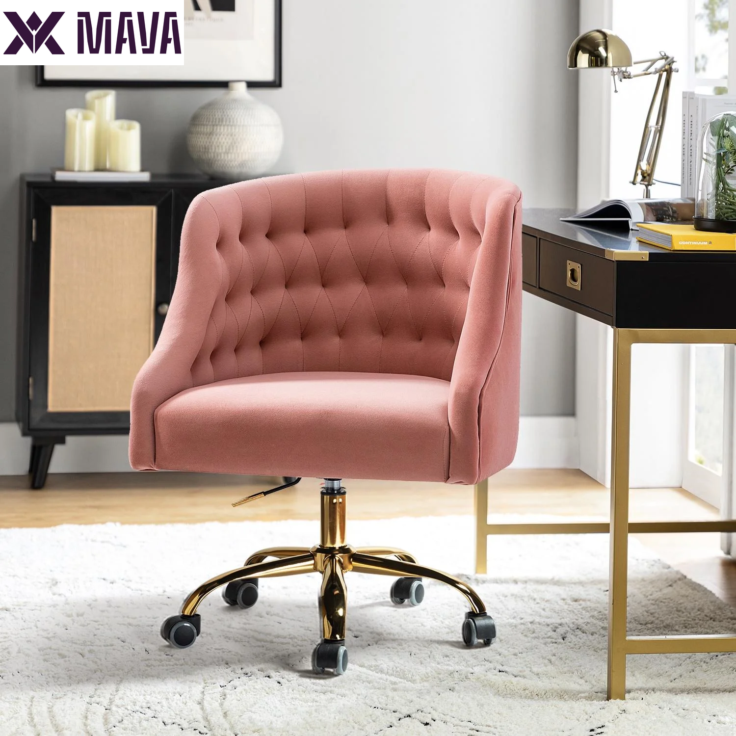 MAVA Modern Home Task Chair Swivel Rolling Computer Velvet Fabric Gold Legs Makeup Vanity Chairs Adult Pink