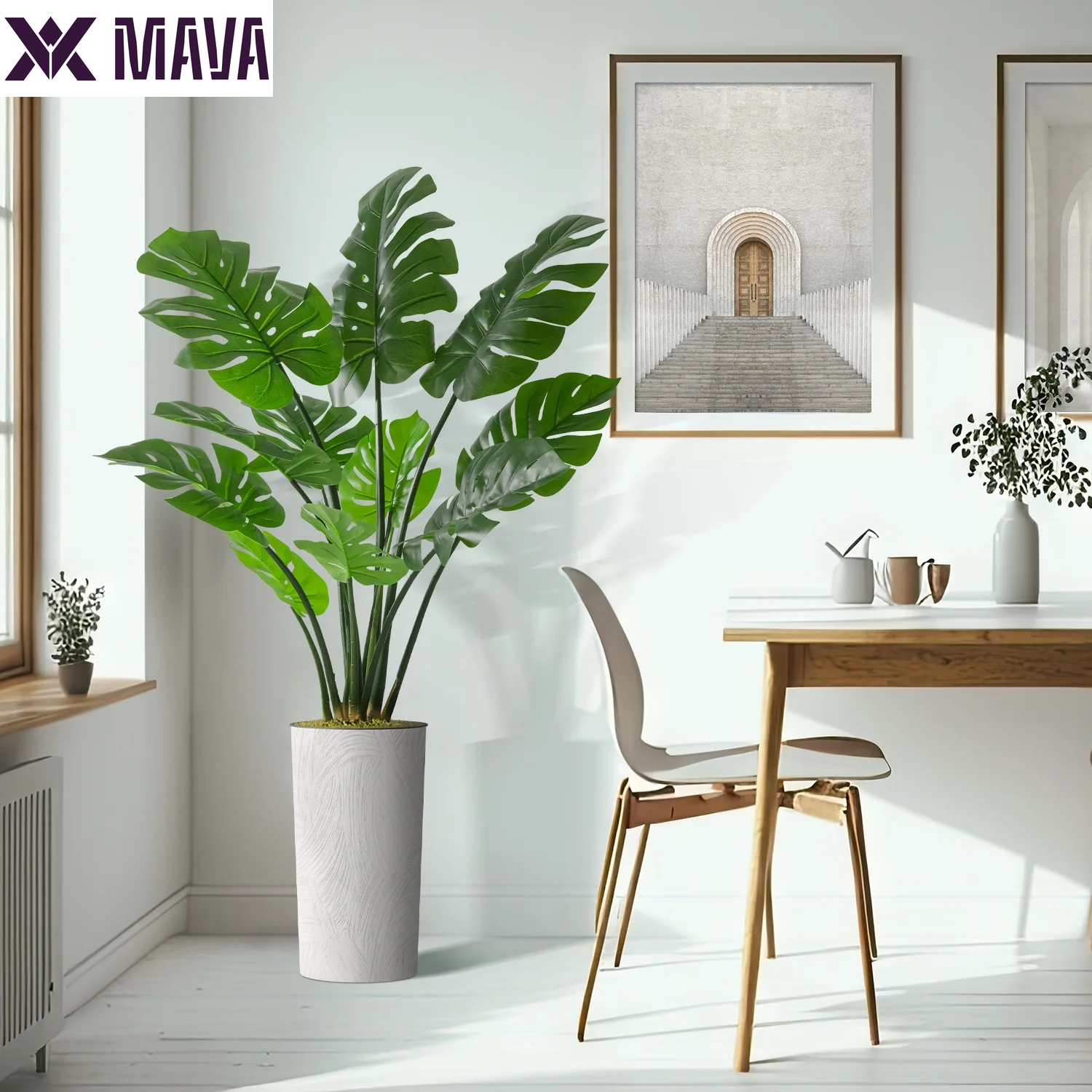 MAVA Artificial Tree in White Marble Effect Planter, Fake Monstera Silk Tree for Indoor and Outdoor Home Decoration - 65" Overall Tall (Plant Pot plus Tree)