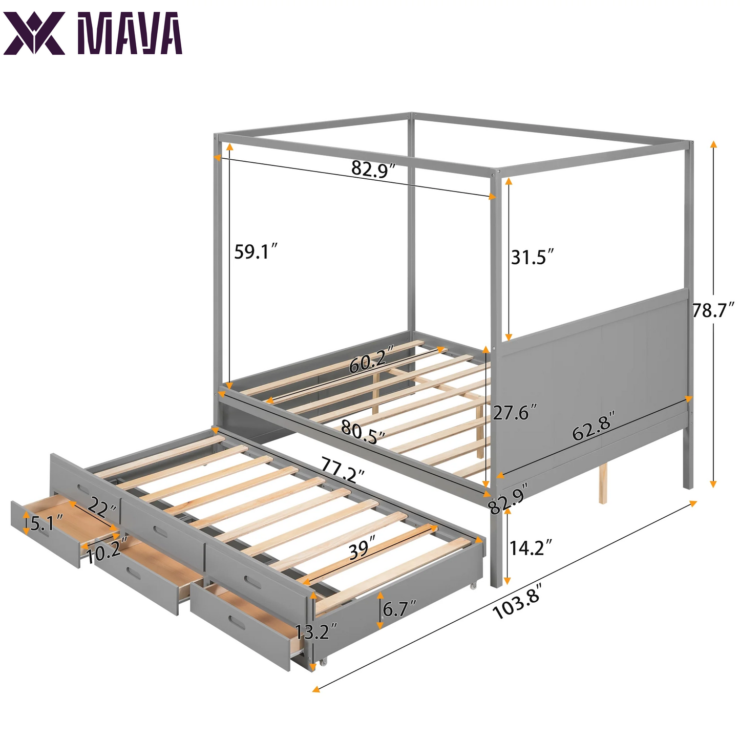 MAVA Queen Size Canopy Platform Bed with Trundle Bed and Drawers, Solid Wood Canopy Bed Frame with 3 Storage Drawers, Gray