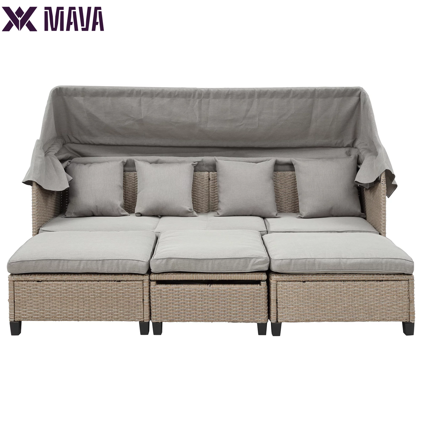 MAVA 4PCS Rattan Sectional Sofa Set Rattan Daybed,Outdoor Conversation Set,All-Weather Wicker with Retractable Canopy and Water Resistant Cushion,Furniture Couch Set for Patio,500Lbs per Seat