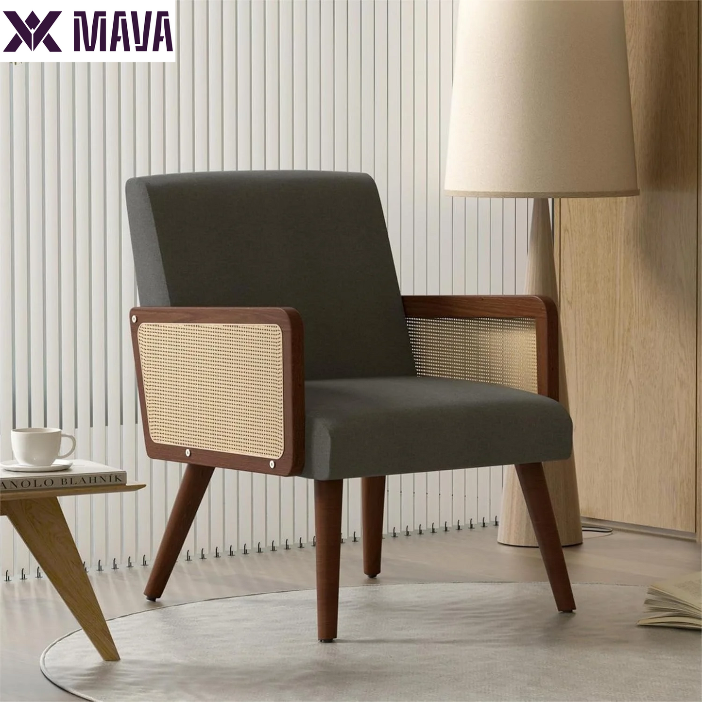 MAVA Rattan Accent Chair, Linen Fabric Upholstered Armchair with Wood Legs, Mid Century Modern Reading Comfy Lounge Chair with Spring Support, for Living Room Bedroom,Beige