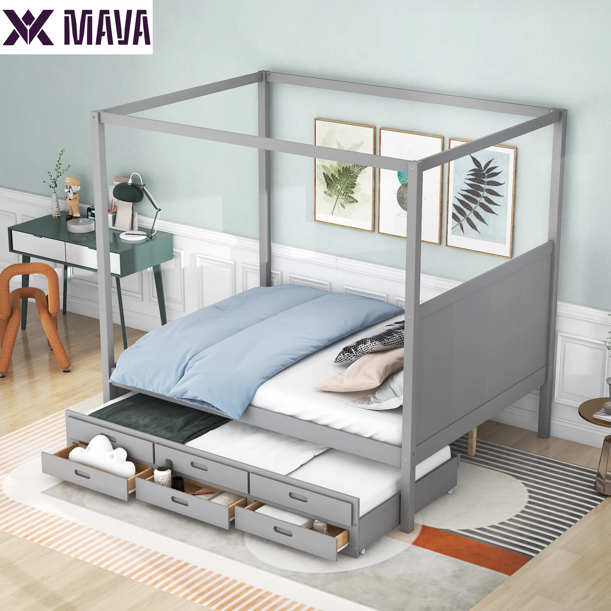 MAVA Queen Size Canopy Platform Bed with Trundle Bed and Drawers, Solid Wood Canopy Bed Frame with 3 Storage Drawers, Gray