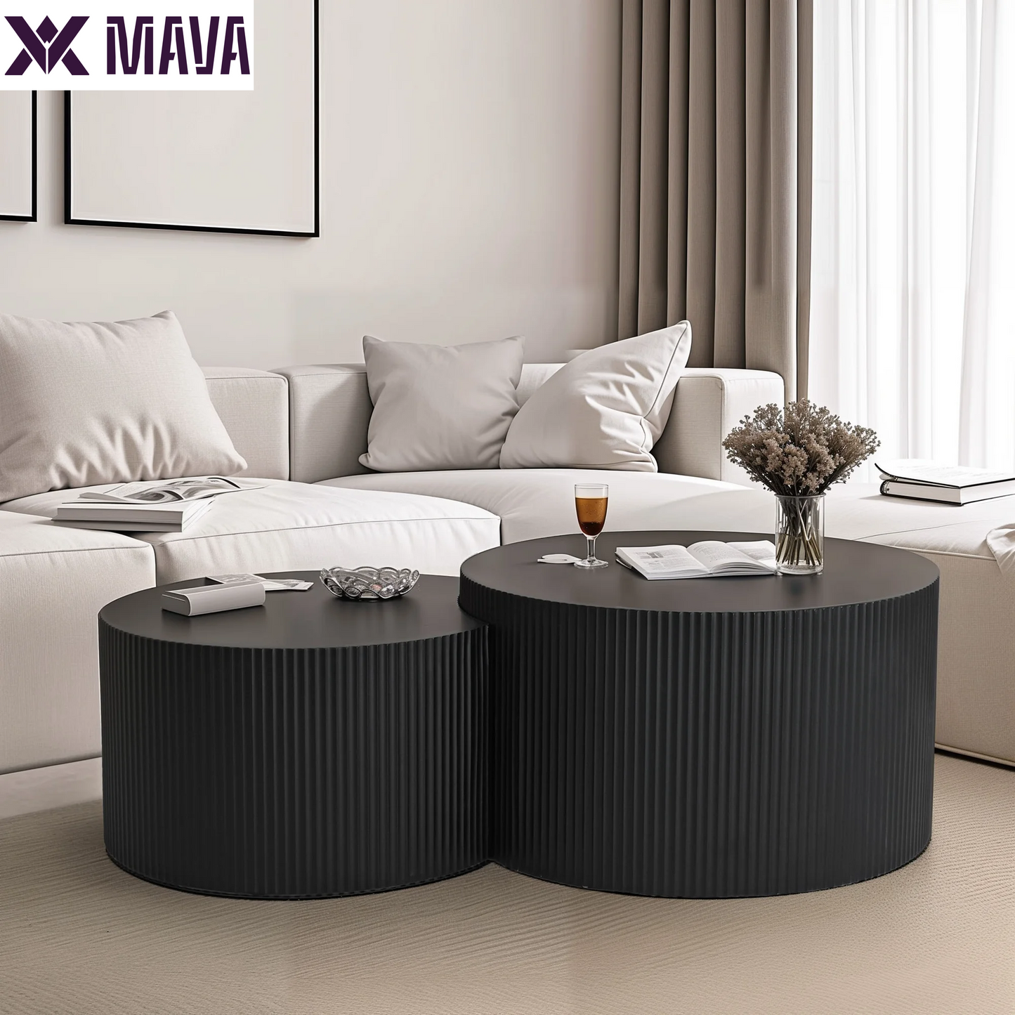 MAVA Coffee Table Set of 2, Modern Drum Side Table End Table, Wave Stripe round Coffee Table for Living Room, Bedroom, Black