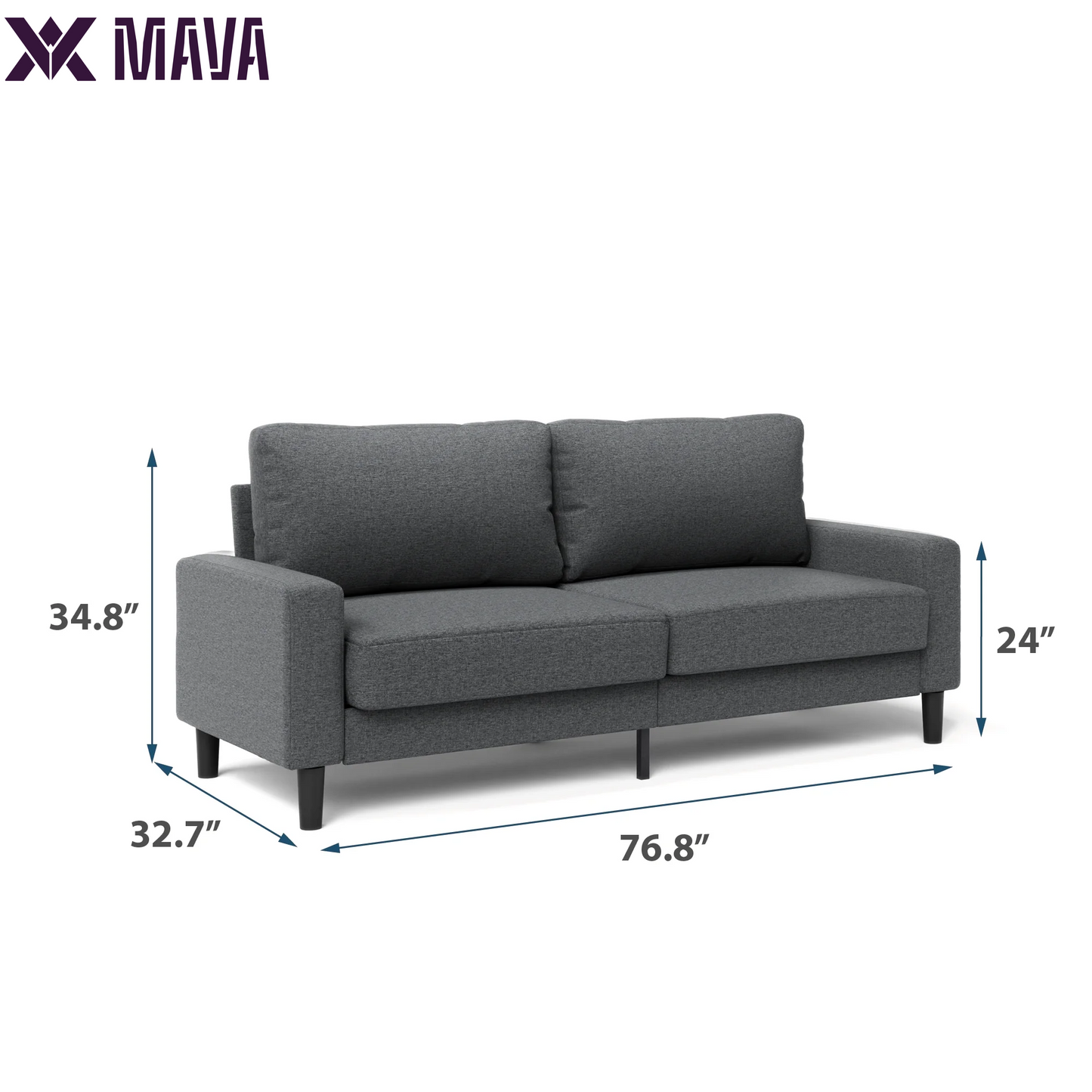 MAVA 76" Harmony Indoor Fabric Sofa, Dark Gray