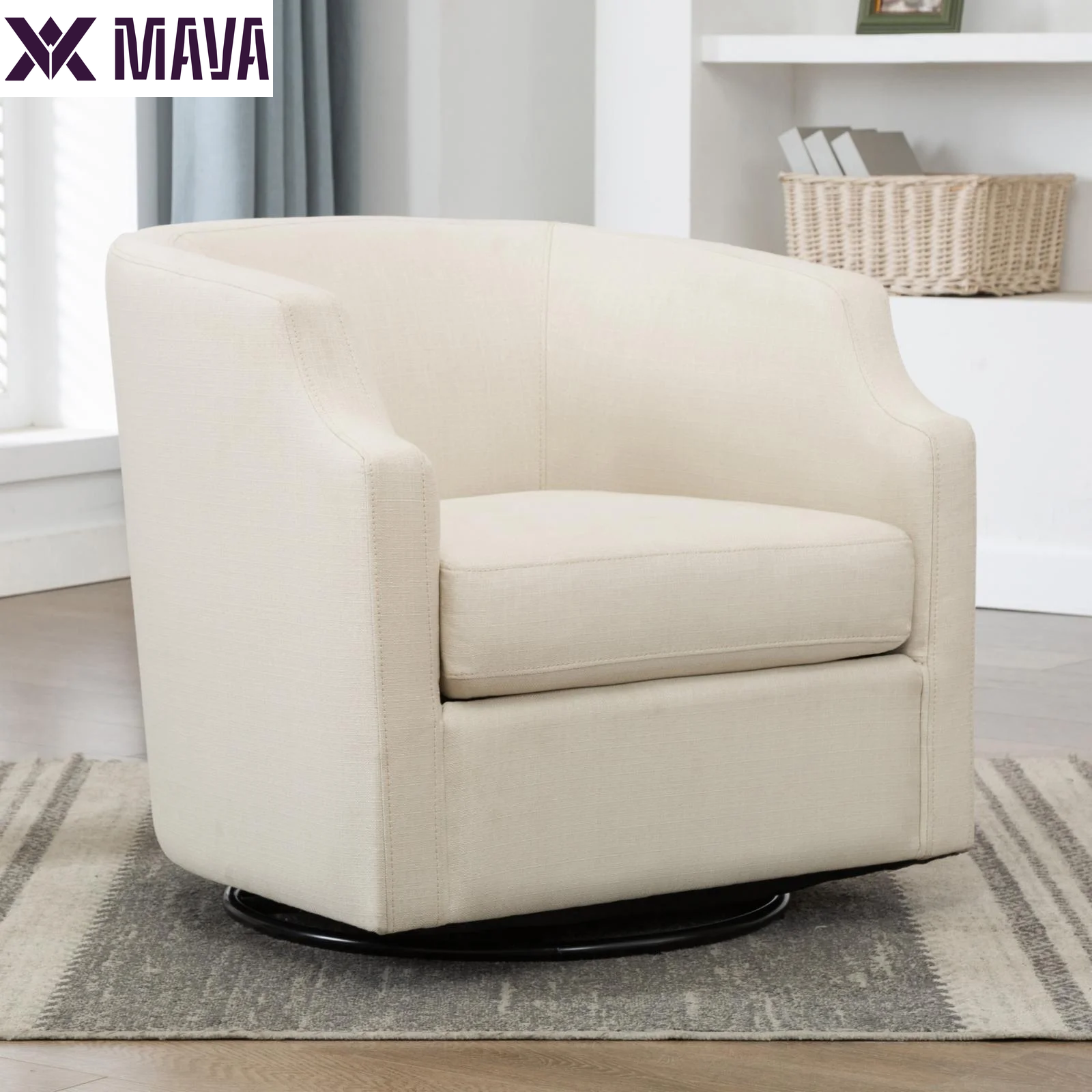 MAVA White Linen Fabric Upholstered Modern Swivel and Rocker Barrel Chair