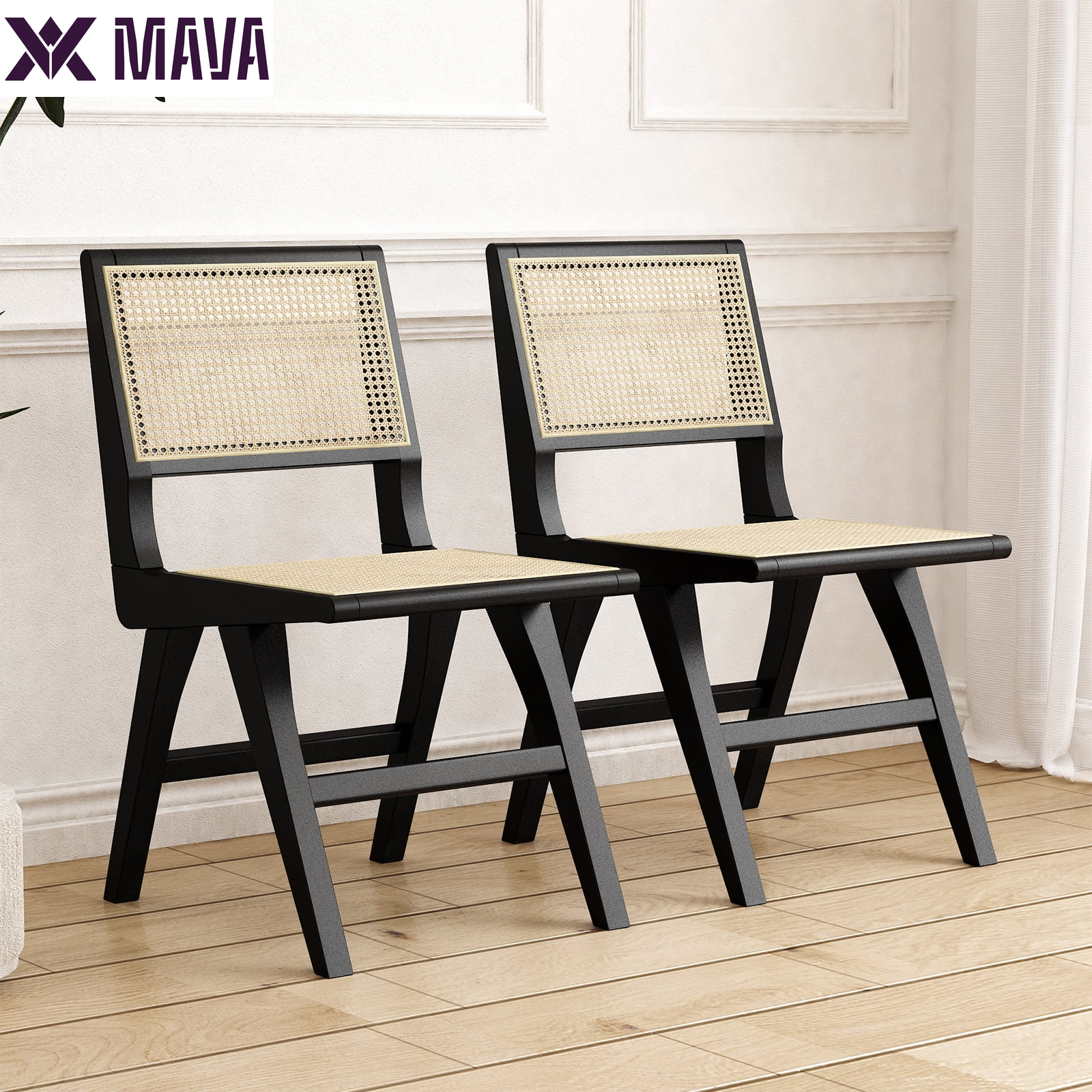 MAVA Rattan Wood Chairs Set of 2,Accent Chairs with Wood Legs,Mid-Century Modern Dining Chairs for Living Room,Black