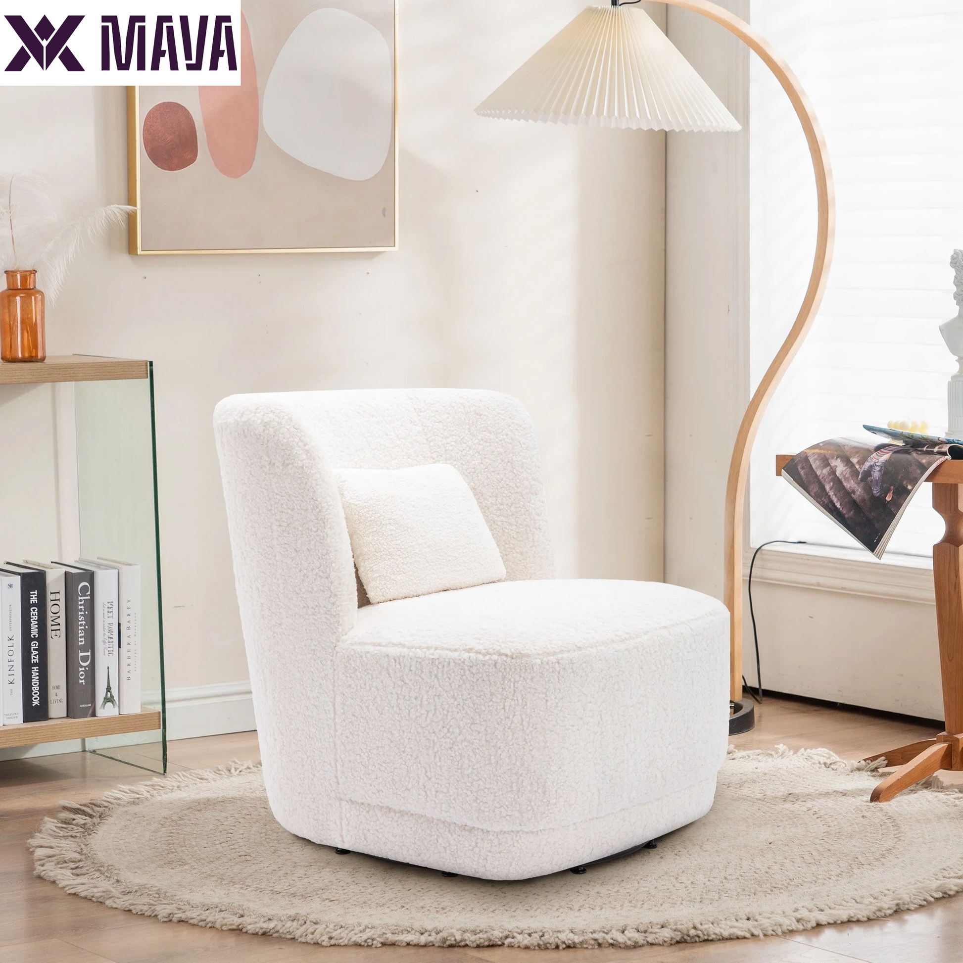 MAVA Swivel Accent Chair, Modern Teddy Fabric Upholstered 360°Swivel Barrel Chair Leisure Chair, Comfy Single Sofa Chair with Pillow, Reading Chair for Living Room Bedroom Office Lounge, White