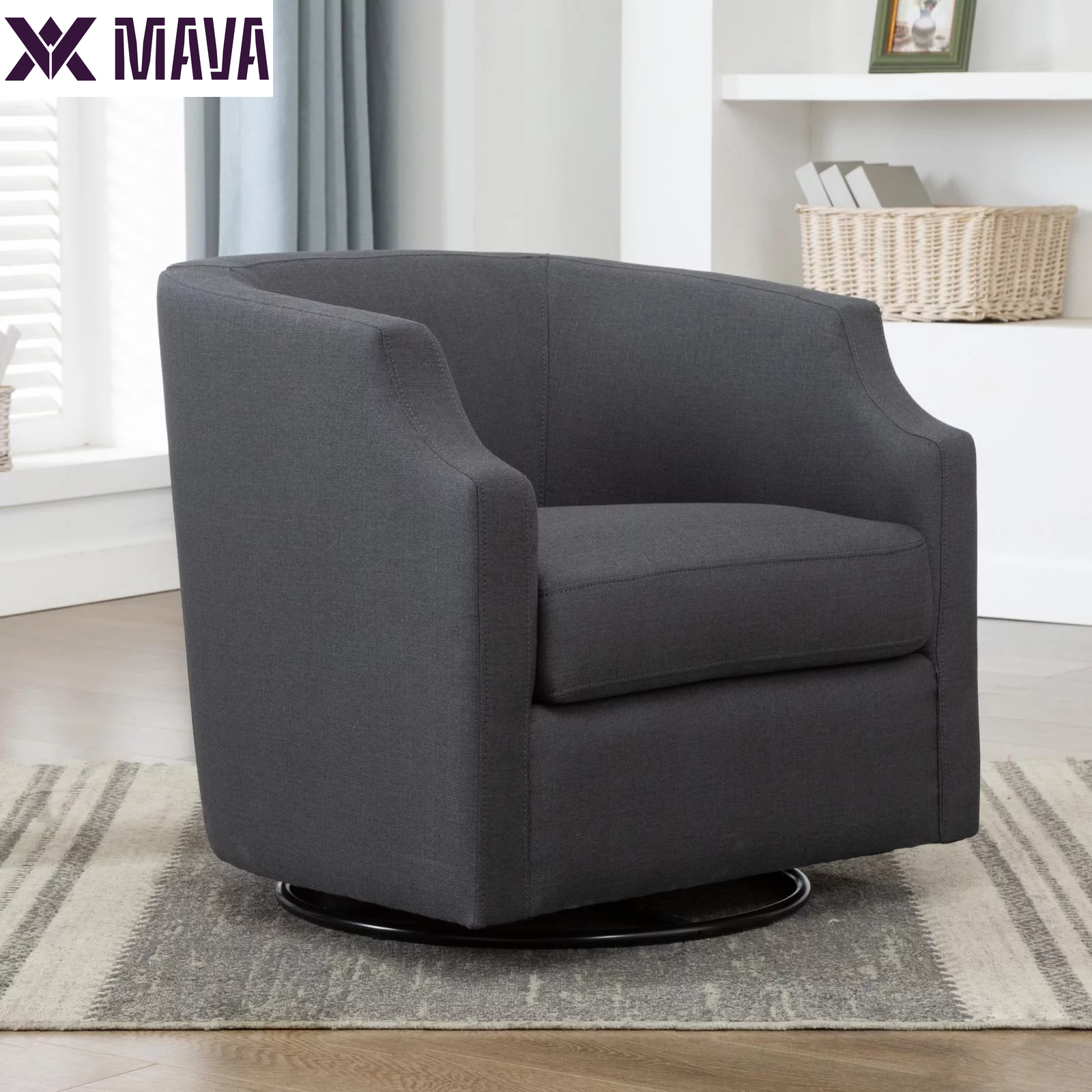 MAVA White Linen Fabric Upholstered Modern Swivel and Rocker Barrel Chair