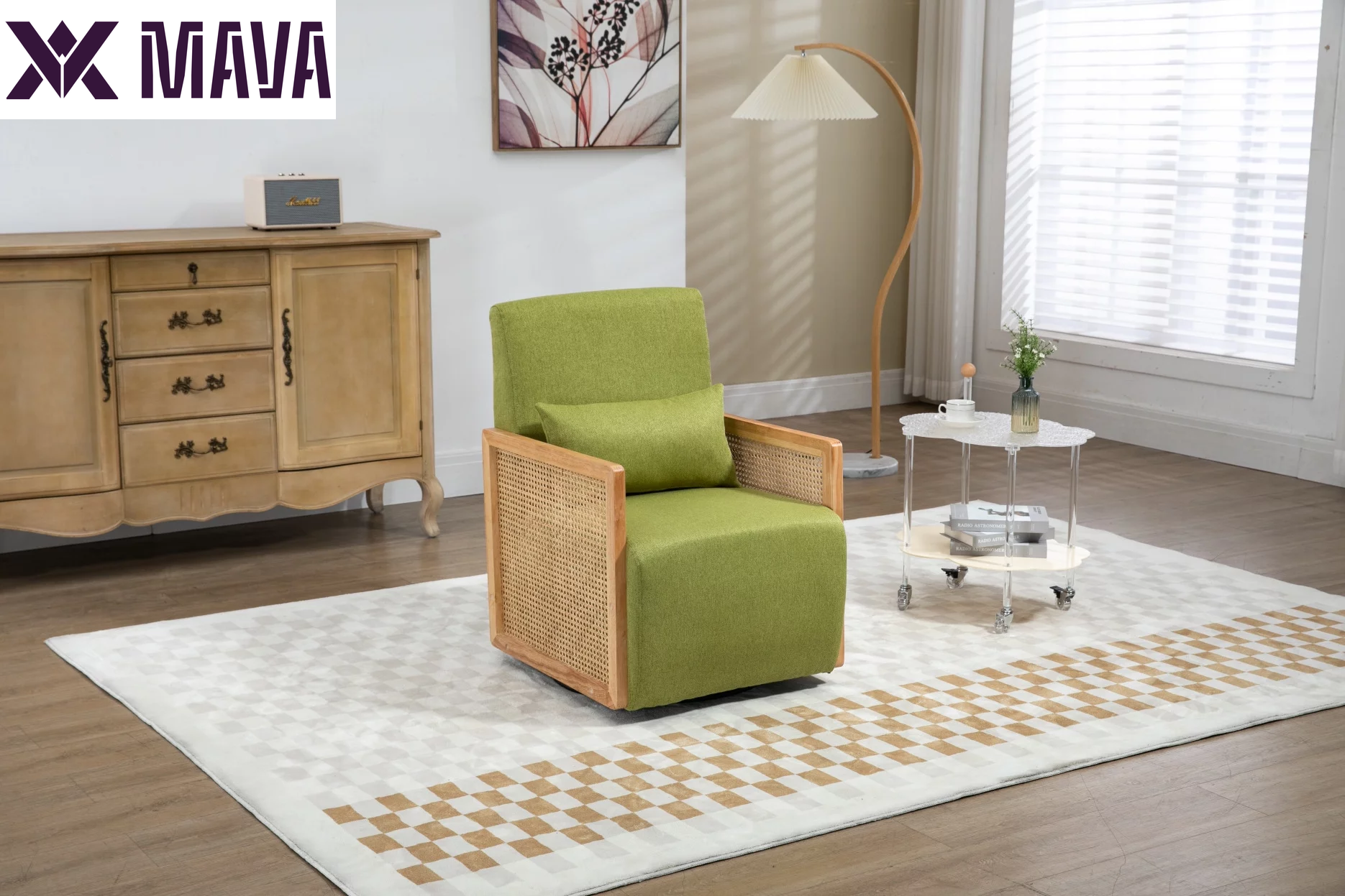 MAVA Swivel Barrel Chair, Modern Linen Accent Chair with Rattan Armrest, Upholstered Comfy Swivel Accent Chair