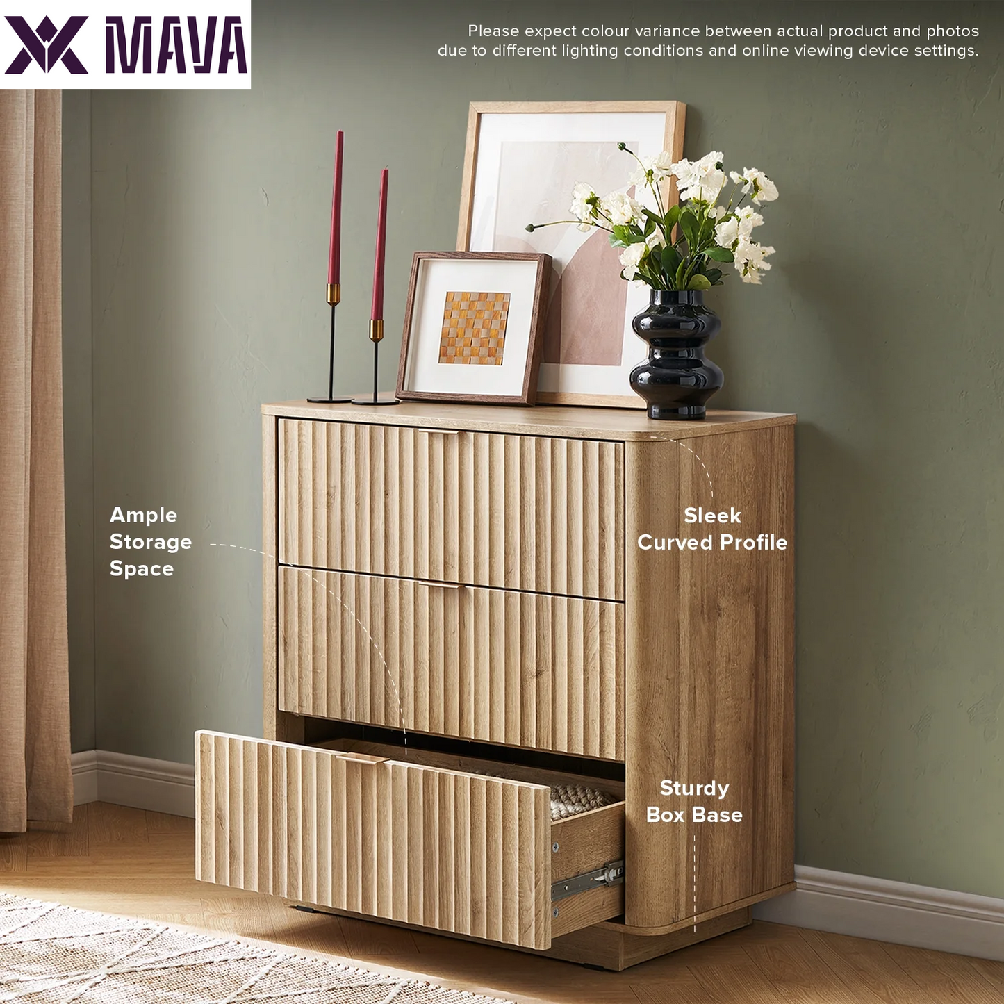 MAVA Mid-Century Modern Dresser / Credenza, Waveform Panel, 3 Drawers, Anti-Tipping (Oak)