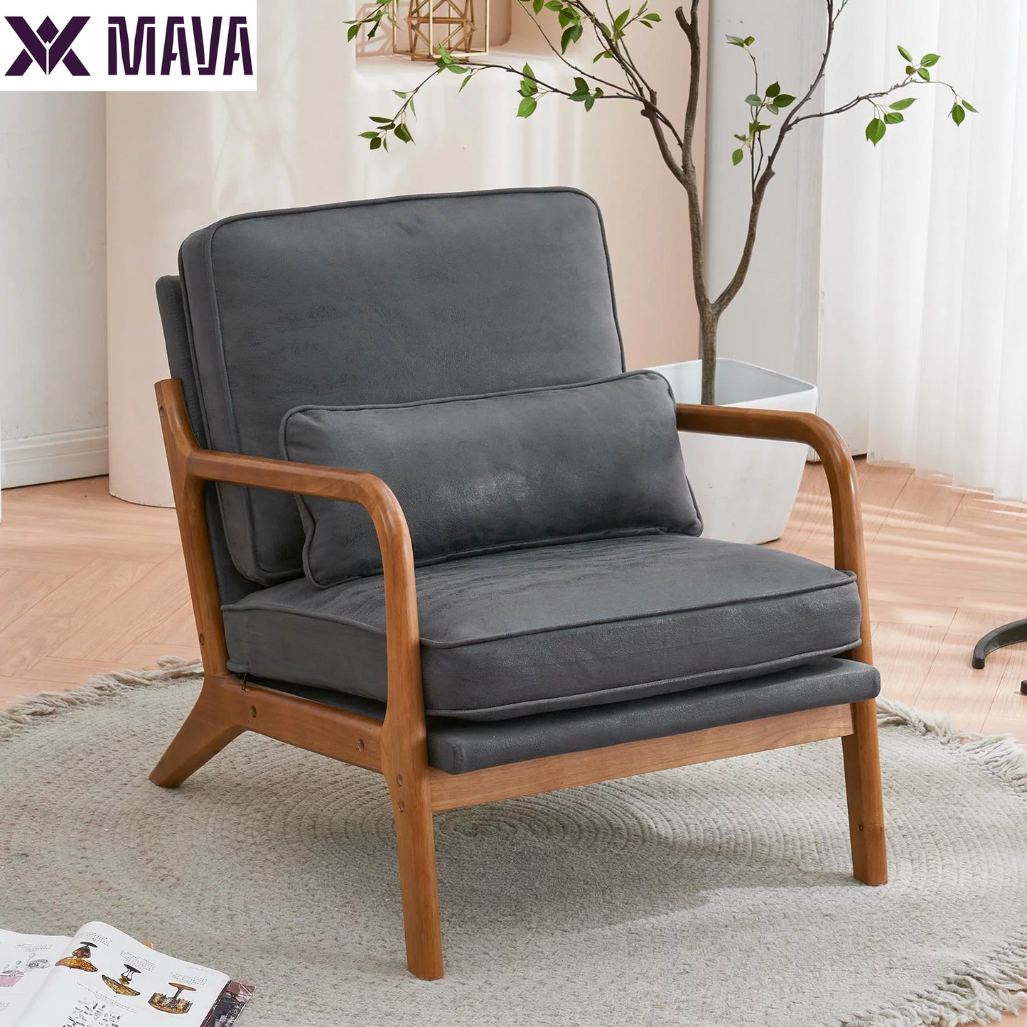 MAVA Modern Arm Chair Linen Fabric Upholstered Comfy Reading Accent Chair with Solid Wood Frame Beige