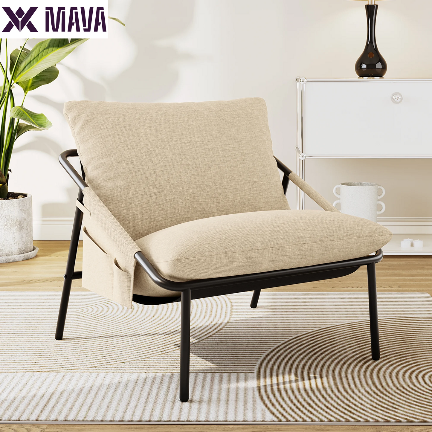 MAVA Accent Chair, Modern Comfy Metal Framed Armchair with Side Pockets, Mid-Century Lounge Chair for Living Room Bedroom Reception Room - Beige