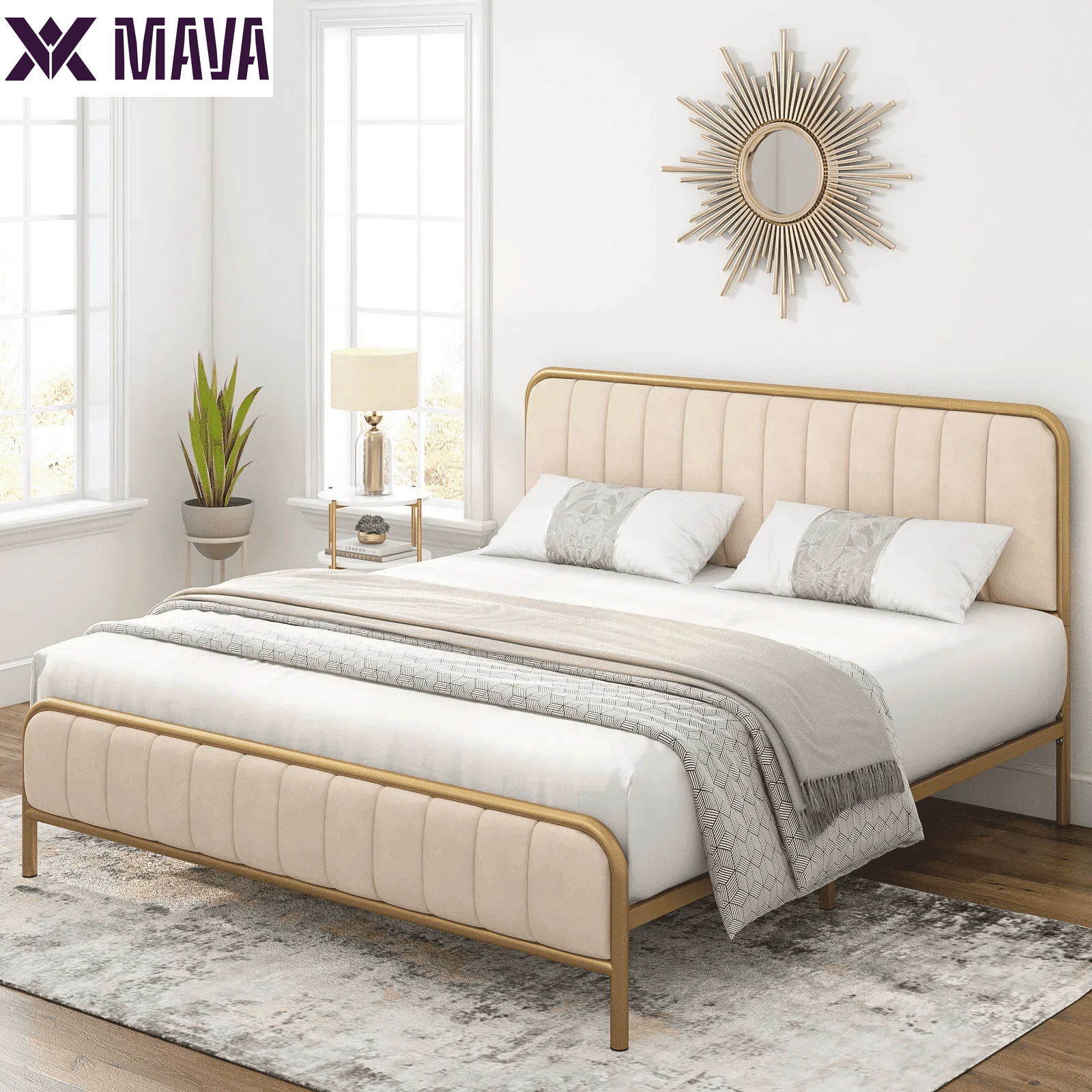 MAVA King Size Bed Frame, round Metal Tube Heavy Duty Bed Frame with Tufted Upholstered Headboard, Gold and Beige