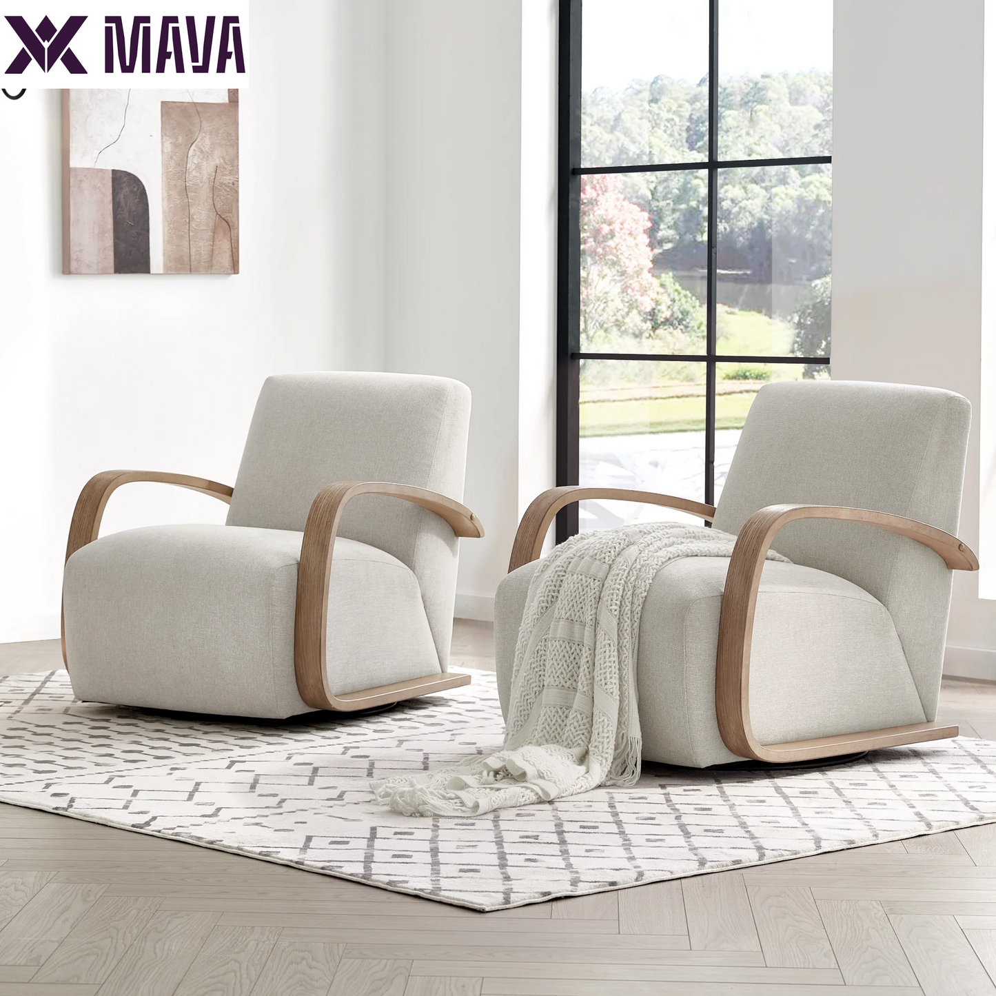 MAVA Swivel Accent Chair with U-Shaped Wood Arm for Living Room Beedroom, Linen & Gray Wood