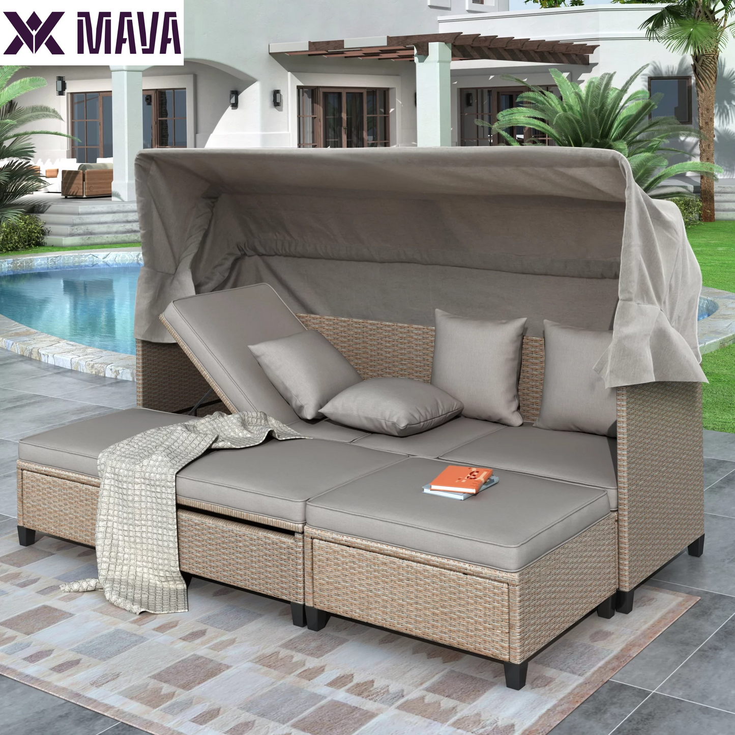 MAVA 4PCS Rattan Sectional Sofa Set Rattan Daybed,Outdoor Conversation Set,All-Weather Wicker with Retractable Canopy and Water Resistant Cushion,Furniture Couch Set for Patio,500Lbs per Seat