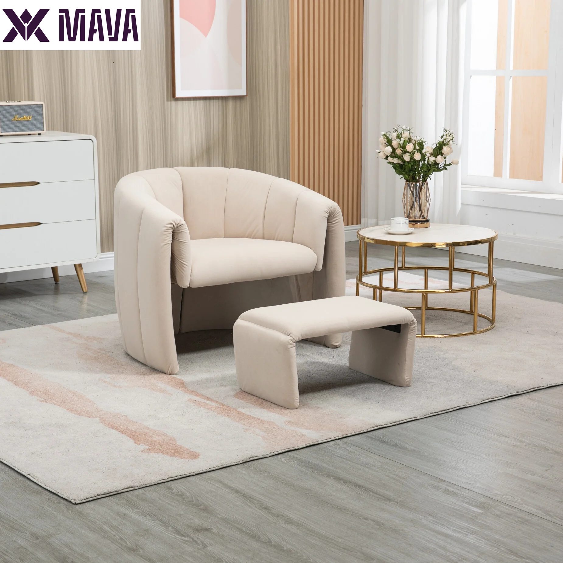 MAVA Modern Velvet Accent Chair with Ottoman, Upholstered Armchair with Wooden Frame