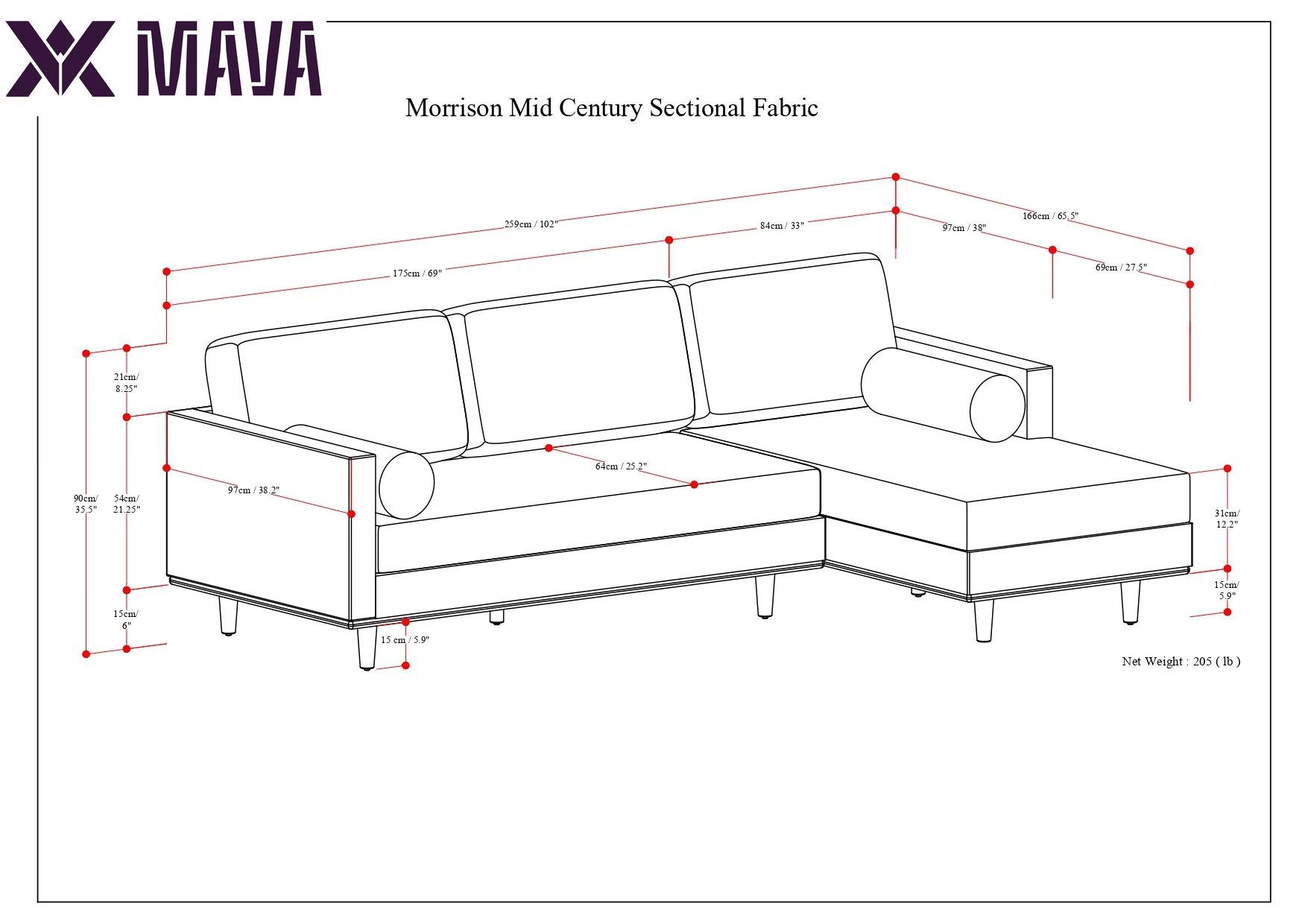 MAVA Mid Century Sectional 102 Inch Wide Sofa in Mist Grey Woven-Blend Fabric