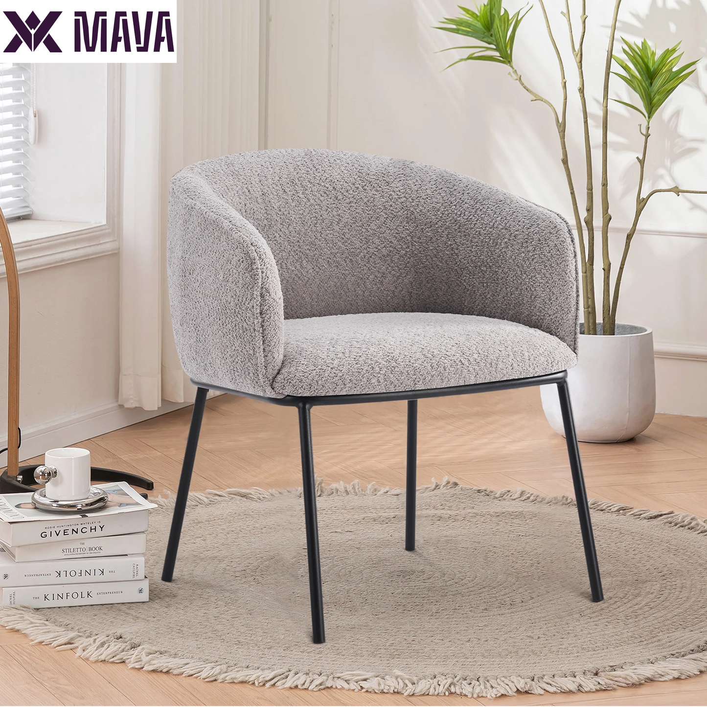 MAVA Boucle Barrel Accent Chair for Living Room Bedroom Dining Room, Upholstered, Modern (White)