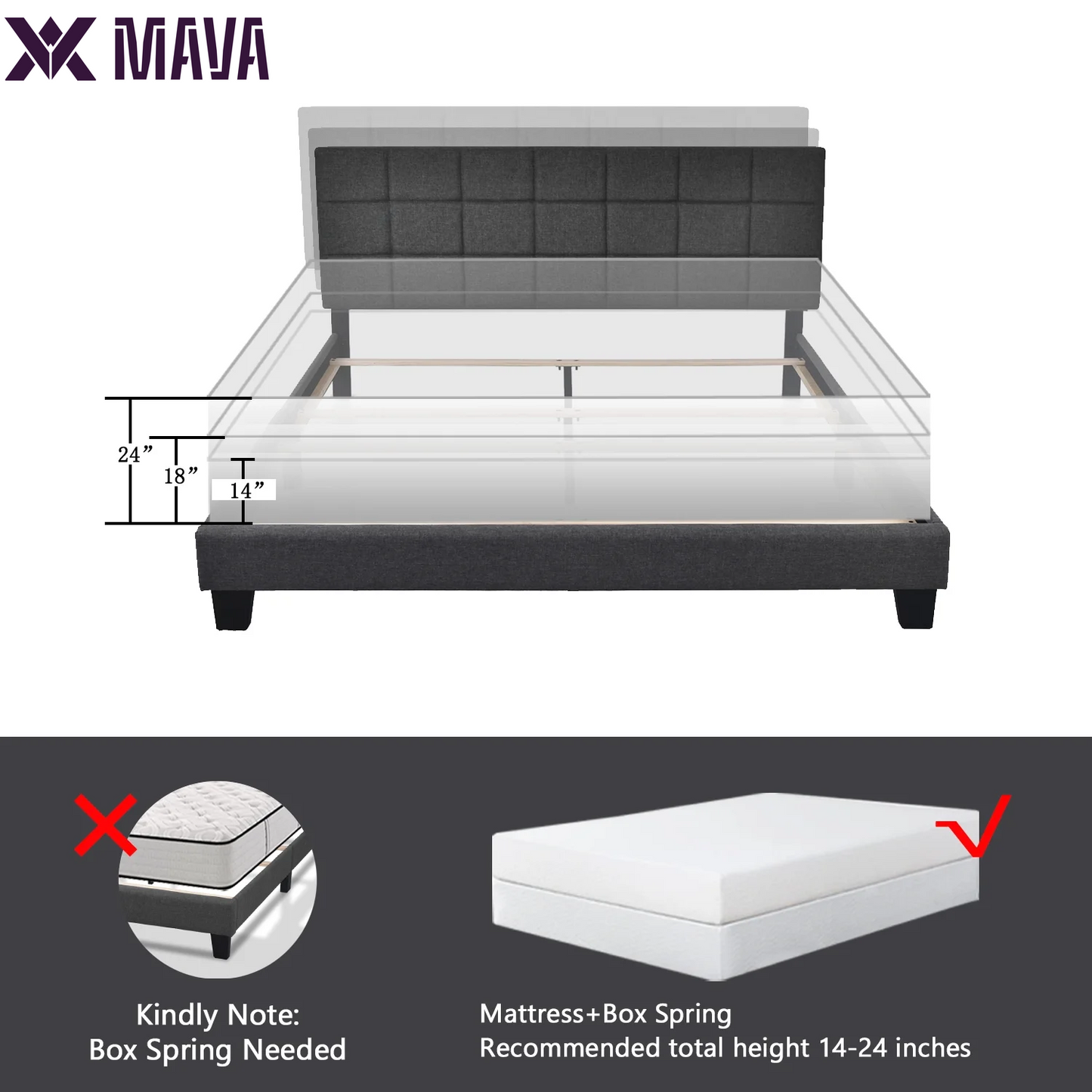 MAVA Queen Size Panel Platform Bed Frame with Adjustable High Upholstered Headboard, Grey