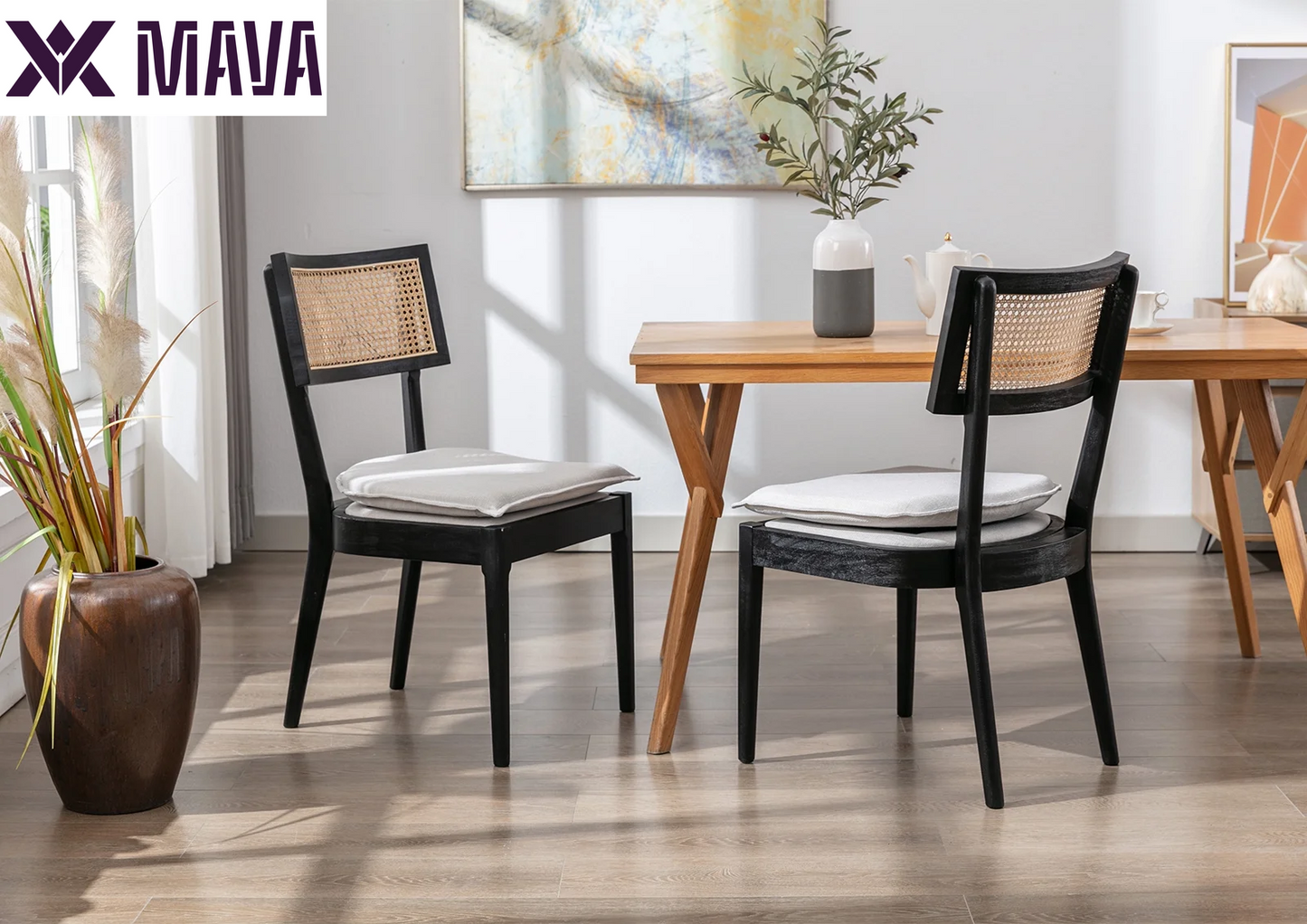 MAVA Classical Wooden Dining Chairs Set of 2, Farmhouse Rattan Cane Back Kitchen Chairs, French Country Side Chairs for Living Room Kitchen Dining Room, Black