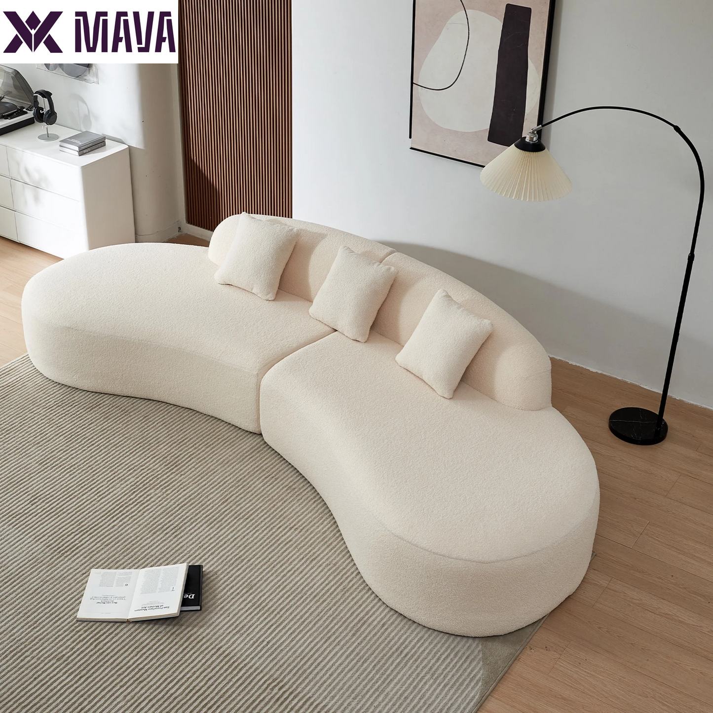 MAVA 119'' Curved Sofa Couch, Modern Half Moon Living Room Sofa, Luxury Sectional Sofa Couch with High-Density Foam Filled, Comfy Sherpa Lamb Fabric Sectional Sofa for Apartment, Office, Beige