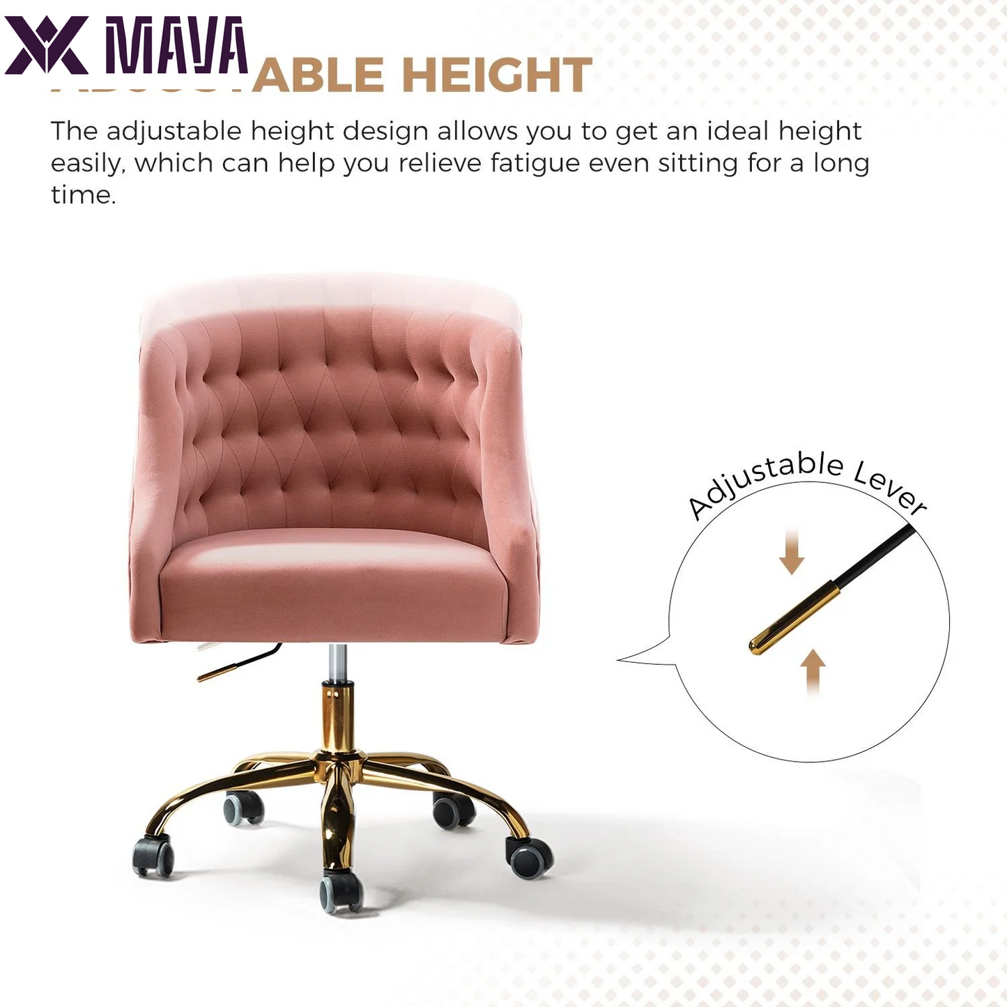 MAVA Modern Home Task Chair Swivel Rolling Computer Velvet Fabric Gold Legs Makeup Vanity Chairs Adult Pink