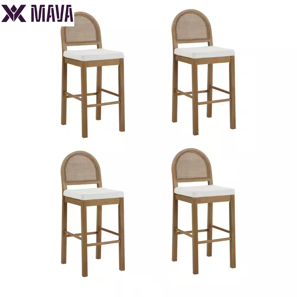 MAVA 19 In. Light Brown Natural Woven Rattan Back and Solid Wood, Legs Dining Chair with Padded Seat