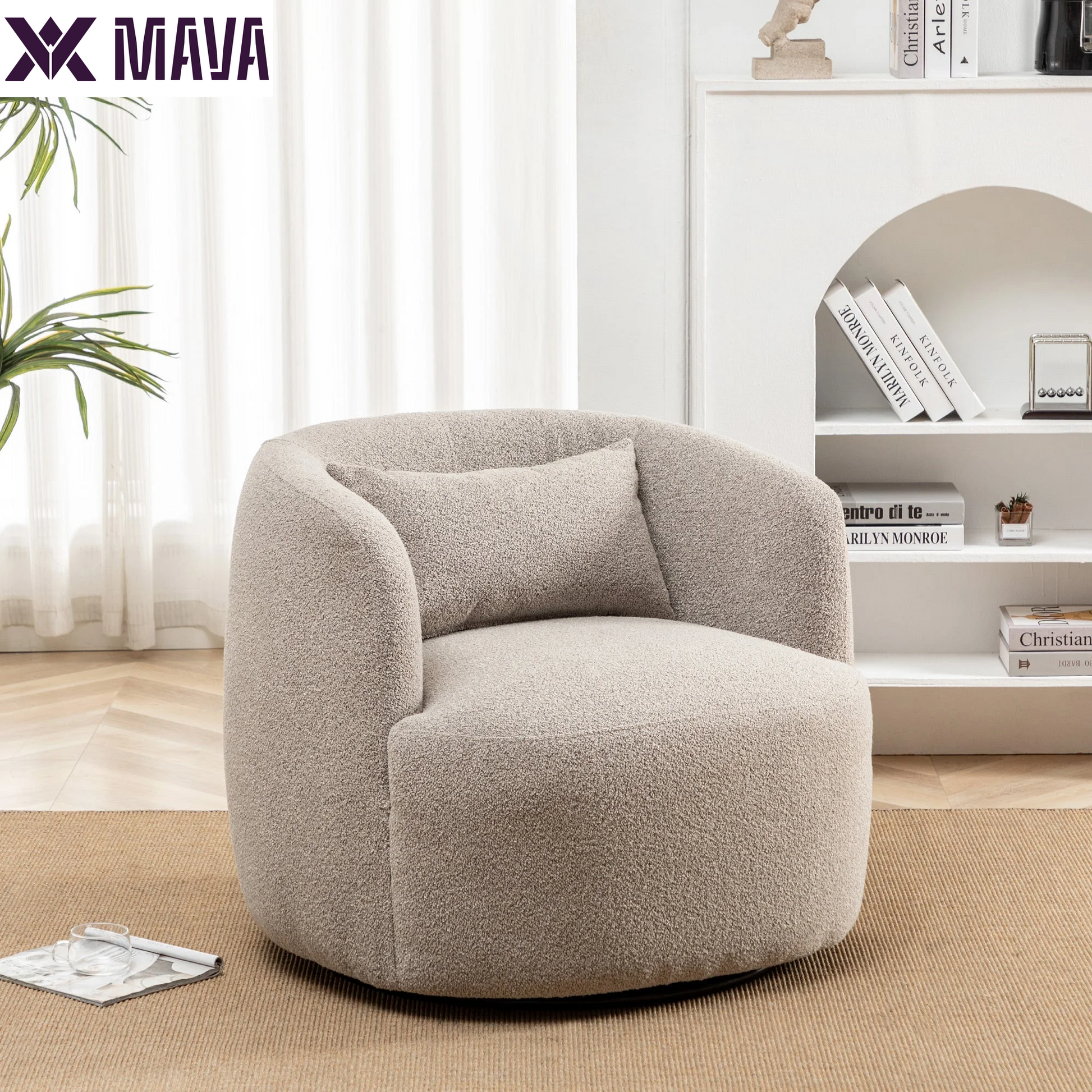 MAVA Beige Modern Boucle Upholstered 360° Swivel Accent Armchair