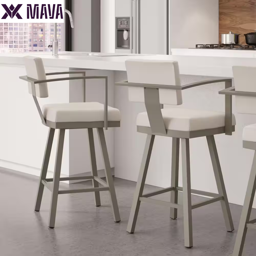 MAVA 26 In. Matt Light Grey Metal Beige Polyurethane Counter Stool