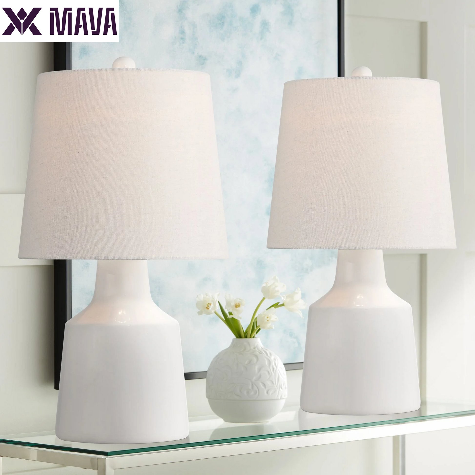 MAVA 20 1/2" High Small Modern Coastal Accent Table Lamps Set of 2 White Ceramic White Shade Living Room Bedroom