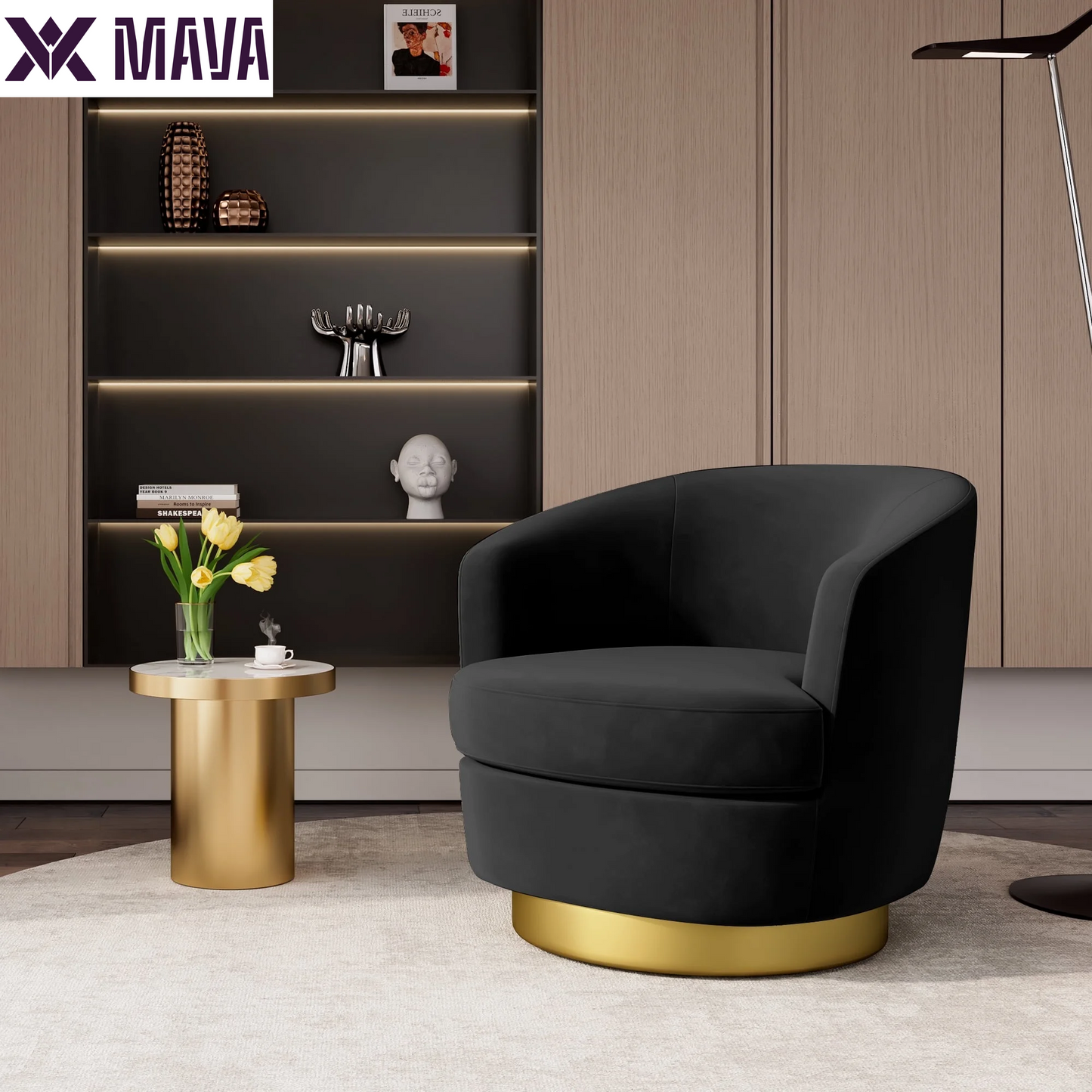 MAVA Swivel Accent Chair, round Barrel Chair 360 Degree Swivel Armchair, Comfy Upholstered Club Chairs for Living Room Bedroom, Black