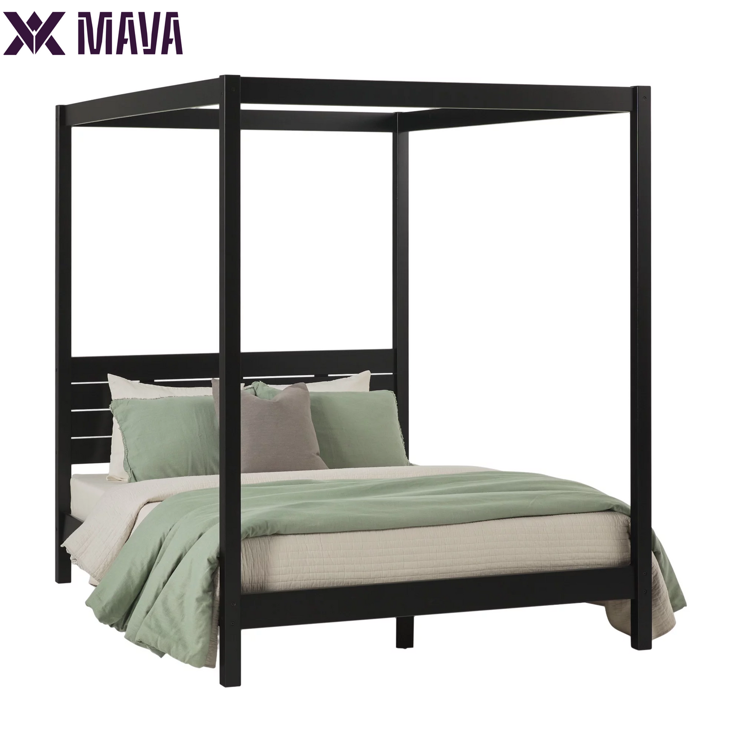 MAVA Minimalist Slatted Wood Queen Canopy Bedframe, Black