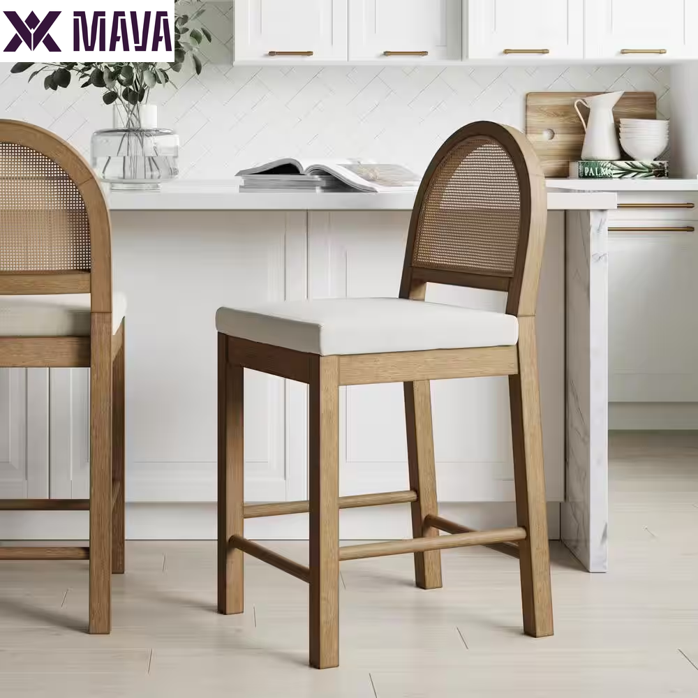 MAVA 19 In. Light Brown Natural Woven Rattan Back and Solid Wood, Legs Dining Chair with Padded Seat