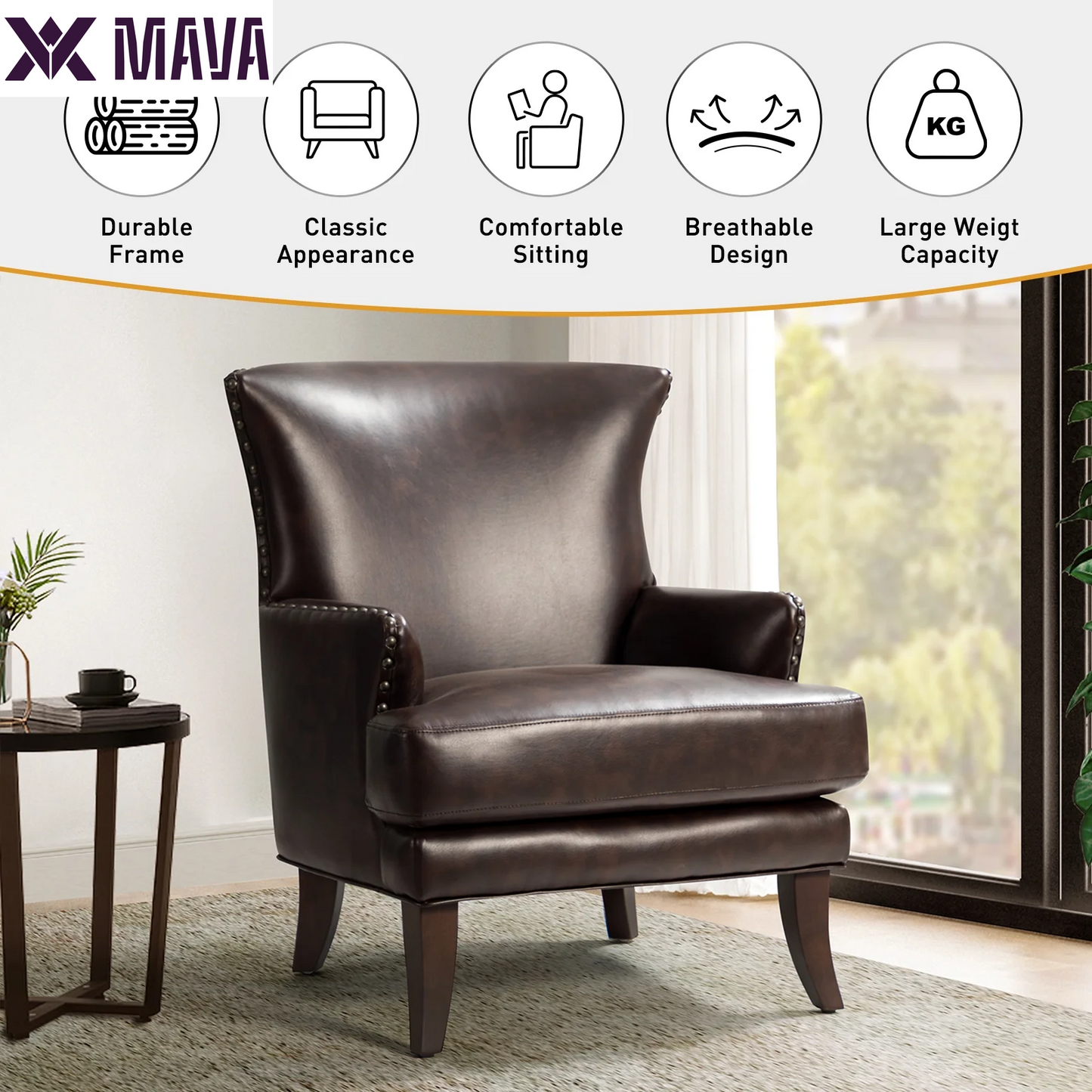 MAVA Vegan Leather Accent Chair Wingback Tight Back Nailhead Trim Wood Legs Lounge Armchair Sofa Home Living Room Adult Brown