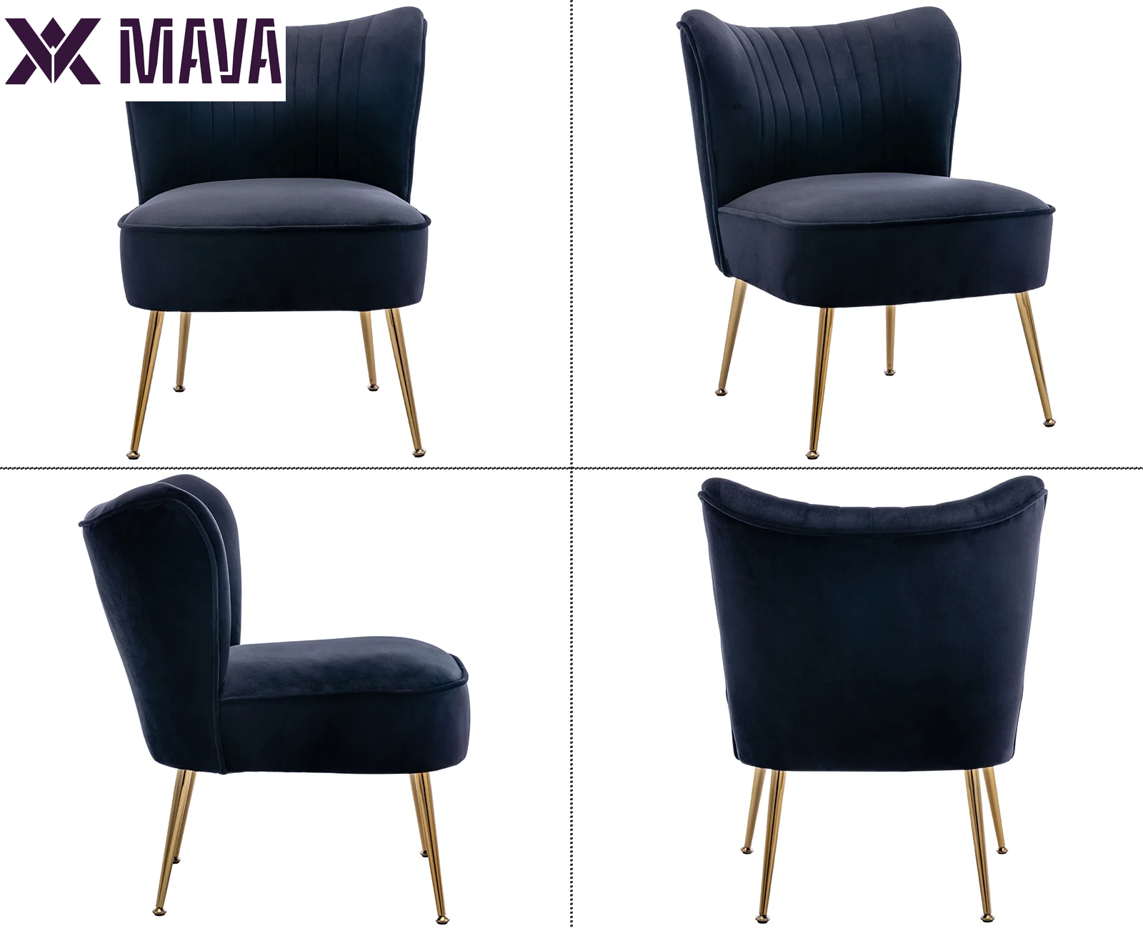 MAVA Modern Accent Chair Set of 2, Armless Slipper Chair Velvet Upholstered Lounge Chair, Wingback Large Single Sofa Side Chair with Gold Legs for Living Room Bedroom, Black