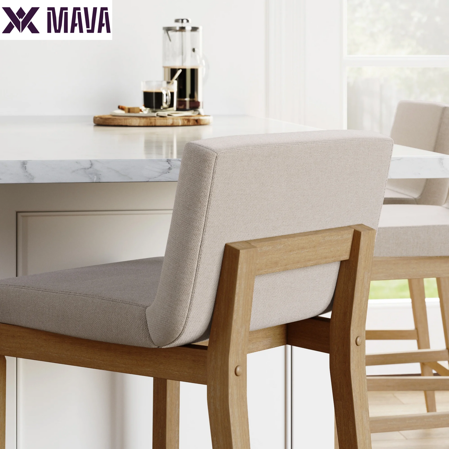 MAVA Modern Counter Height Bar Stool with Back, Counter Stool Upholstered Chair with Natural Flax White Fabric and Brushed Wooden Legs