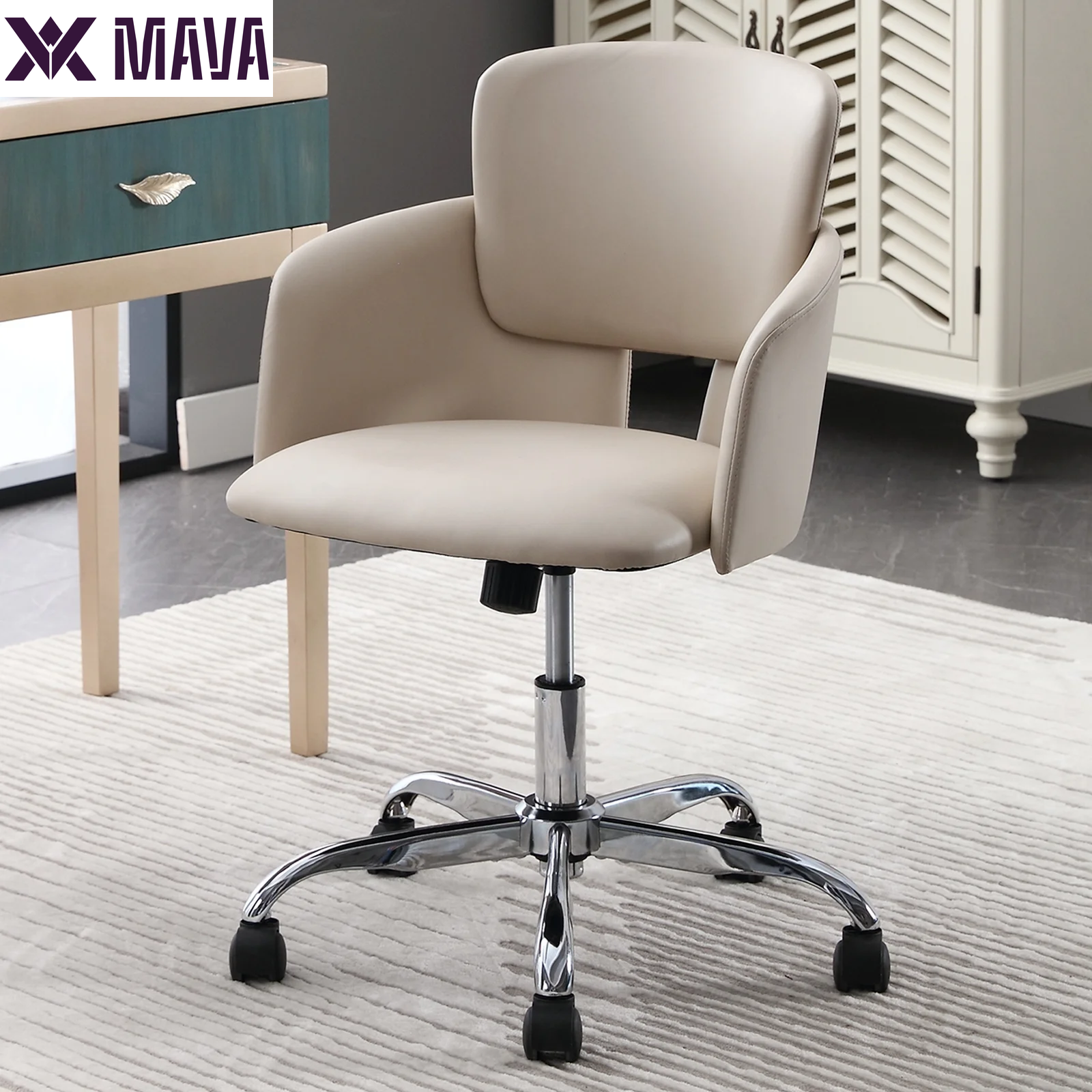 MAVA Office Chair, Ergonomic Home Office Chair, PU Leather Upholstered Computer Chair with Wheels & Adjustable Height, Modern Desk Chair Swivel Arm Chairs for Living Room Bedroom Office, Beige