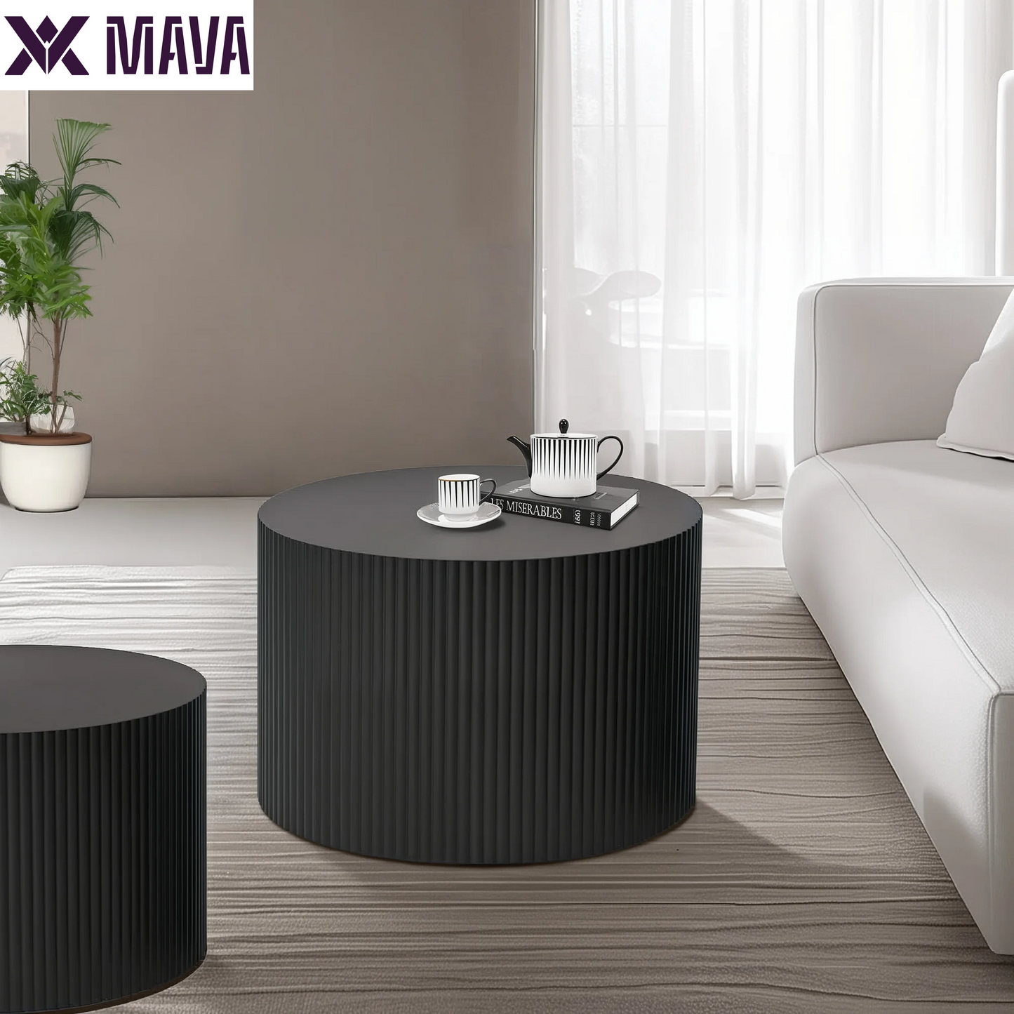 MAVA Coffee Table Set of 2, Modern Drum Side Table End Table, Wave Stripe round Coffee Table for Living Room, Bedroom, Black