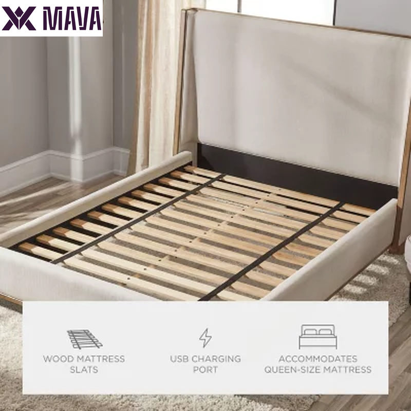 MAVA Beige Fabric Upholstery and Wood Queen Size Bed Frame