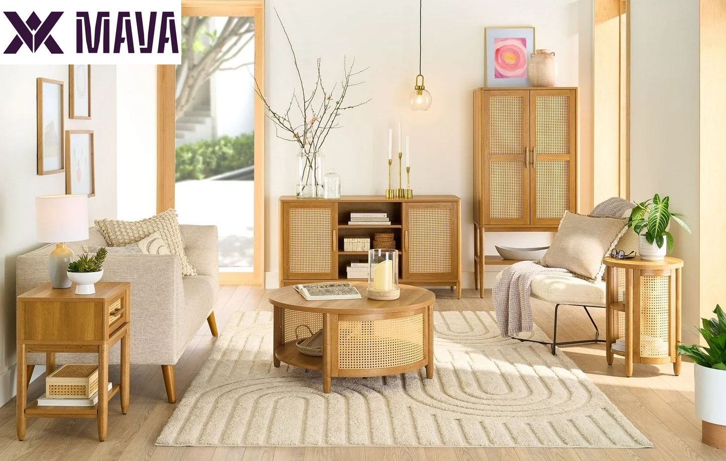 MAVA Caning Coffee Table, Light Honey Finish