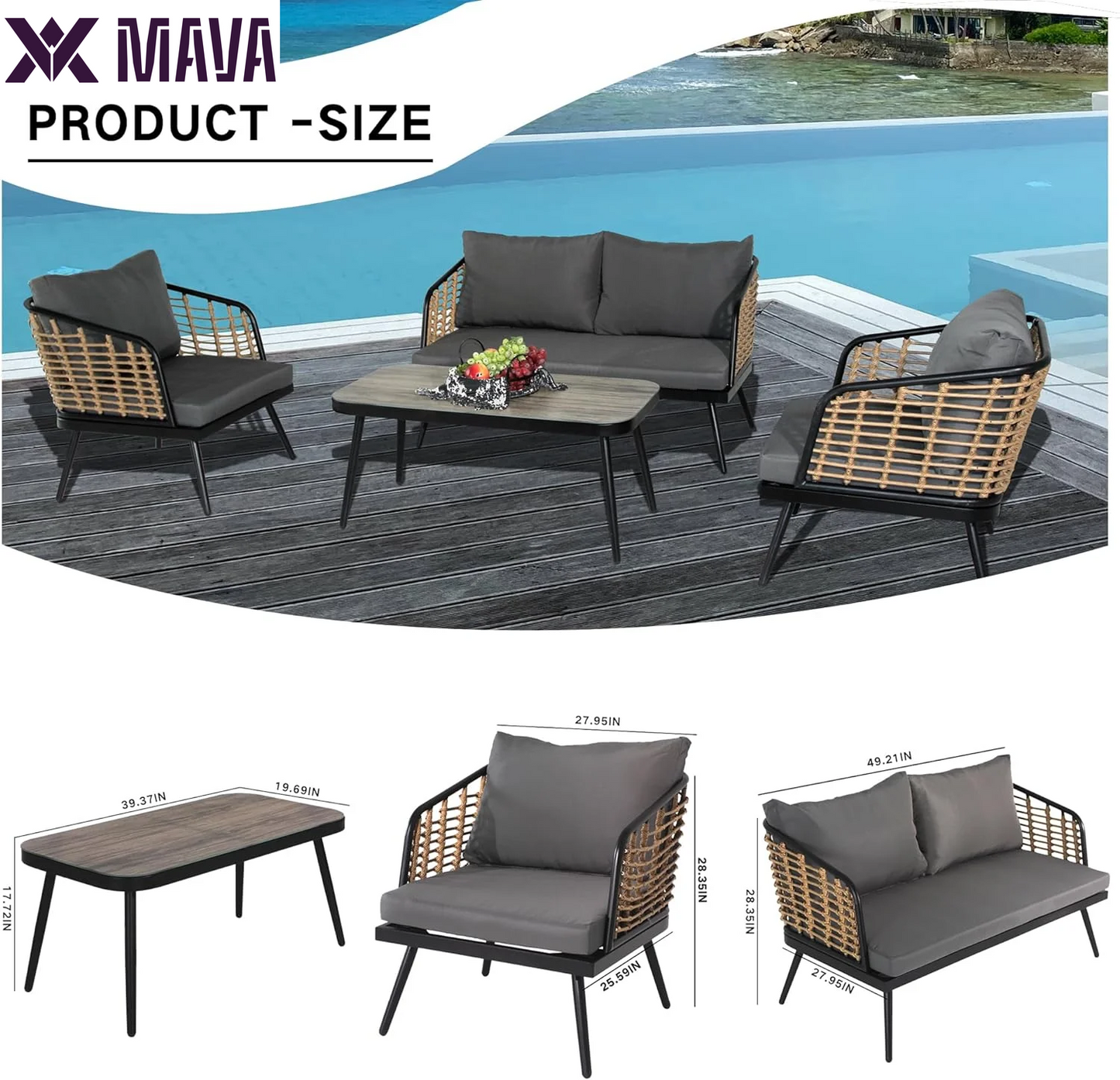 MAVA 4 Pieces Patio Furniture Set, PE Rattan Wicker 4 Pcs Outdoor Sofa Set W Washable Cushion and Tempered Glass Tabletop, Patio Conversation Sets for Garden Poolside Balcony, White+Natural